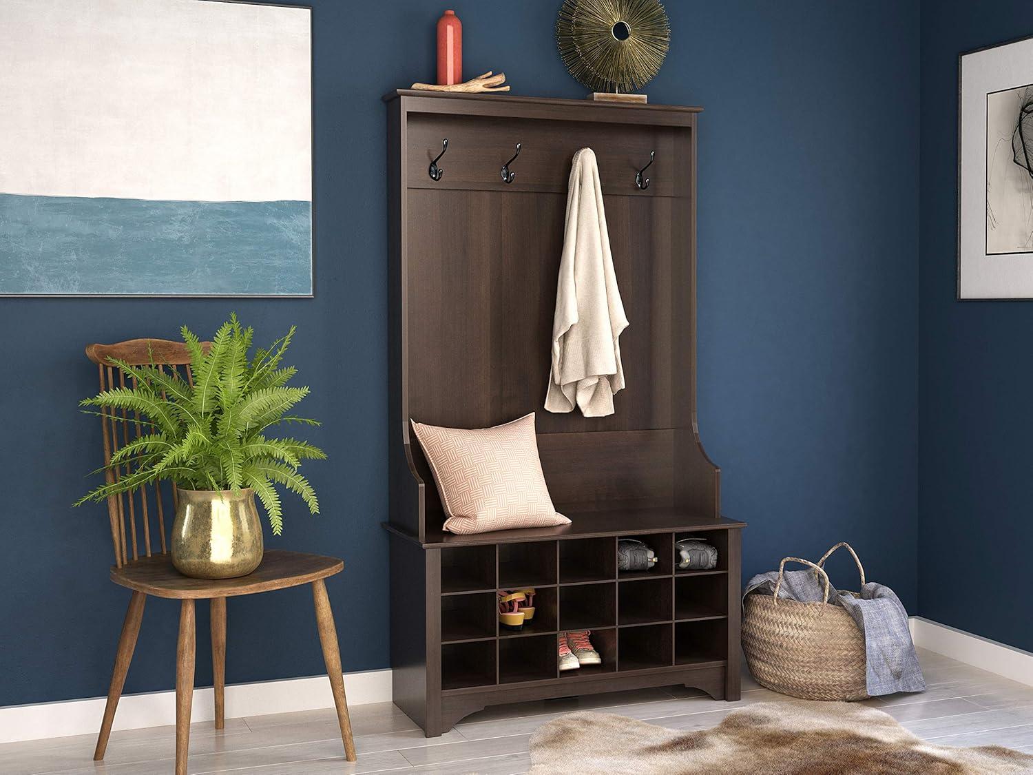 Prepac Hall Tree with Shoe Storage Espresso Brown: Entryway Organizer, 4 Metal Hooks, Wood Composite