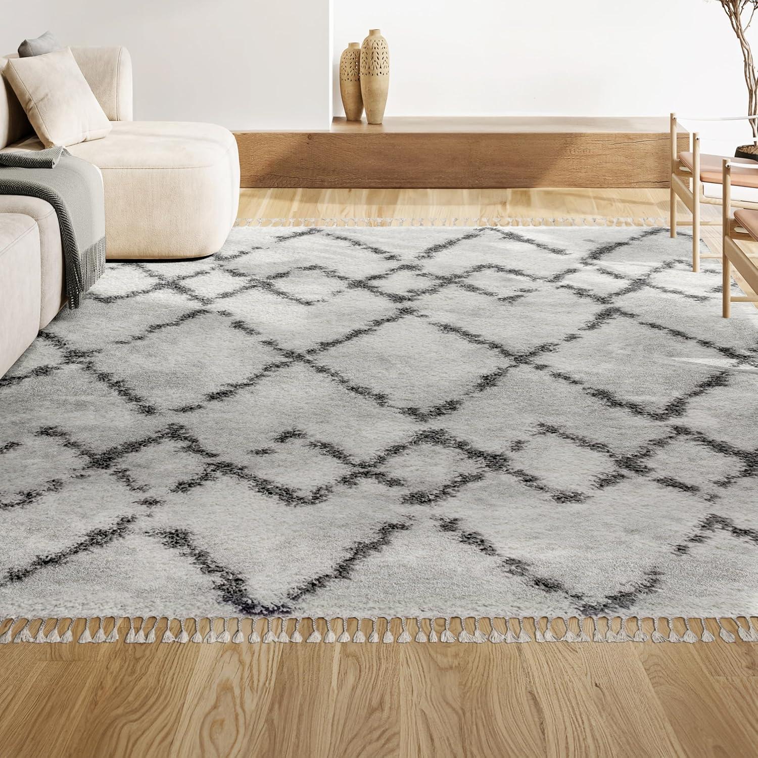 8'x10' Mercer Shag Plush Tassel Moroccan Geometric Trellis Area Rug, Cream/Grey - JONATHAN Y