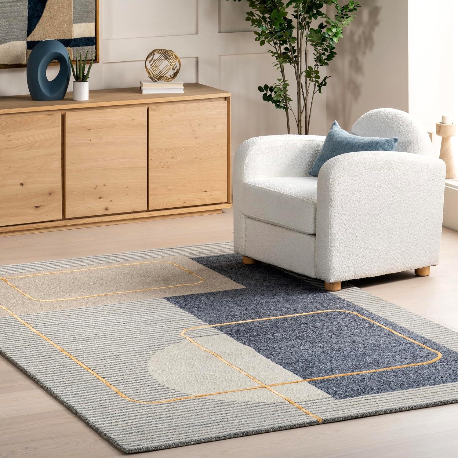 Blue and Gray Tufted Wool Striped Area Rug