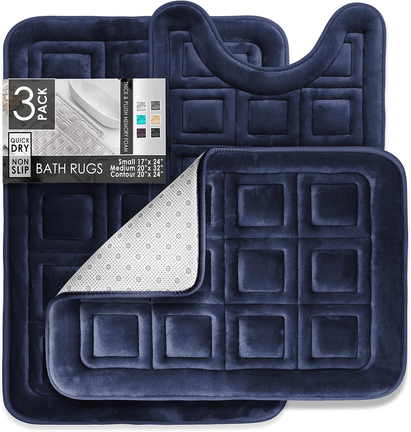 Navy Blue Velvet Memory Foam 3-Piece Bath Rug Set