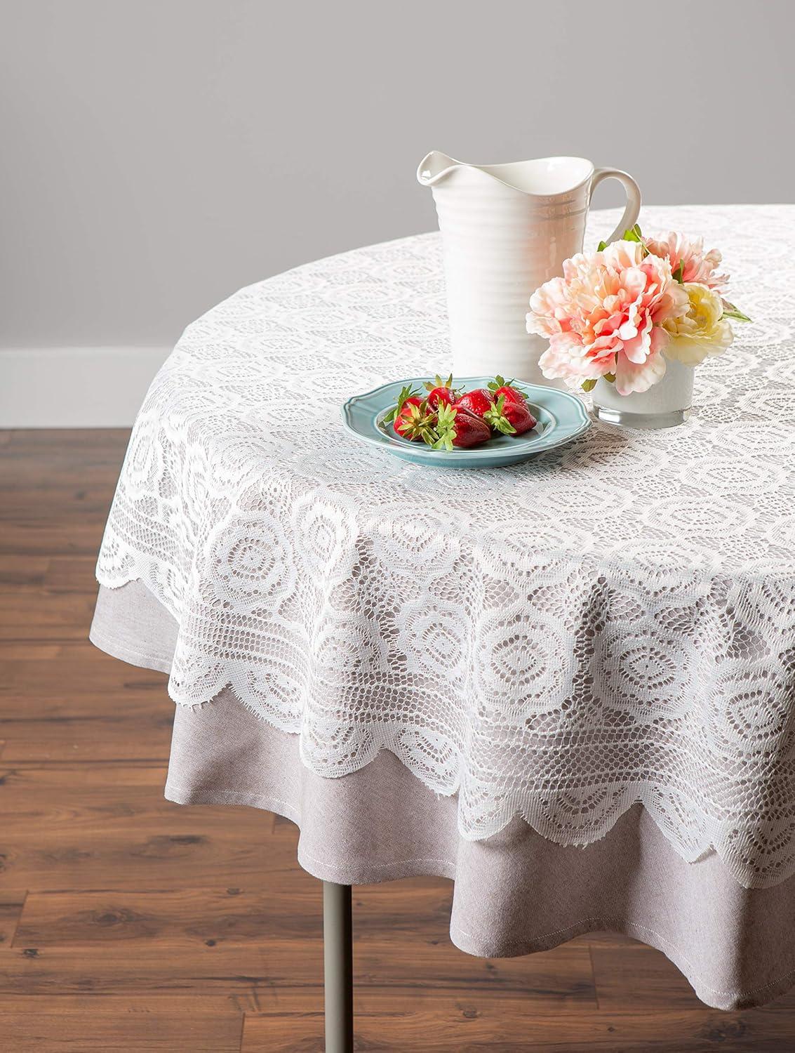 White Floral Polyester Lace Tablecloth 63 Round