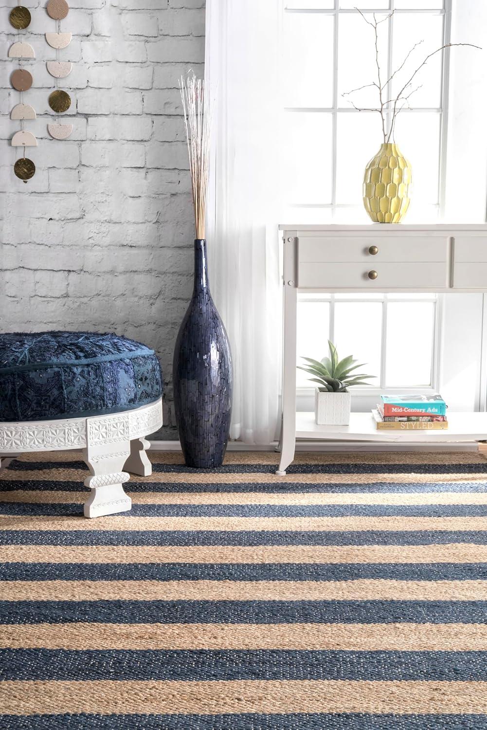 nuLOOM Alisia Flatweave Striped Jute Area Rug, Runner 2' 6" x 6', Denim