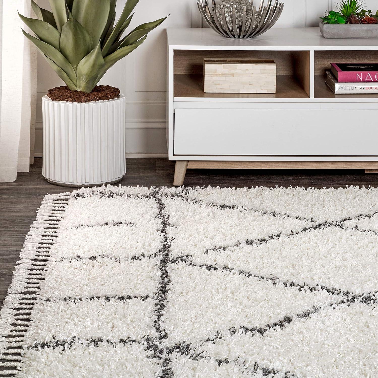 8'x10' Mercer Shag Plush Tassel Moroccan Geometric Trellis Area Rug, Cream/Grey - JONATHAN Y