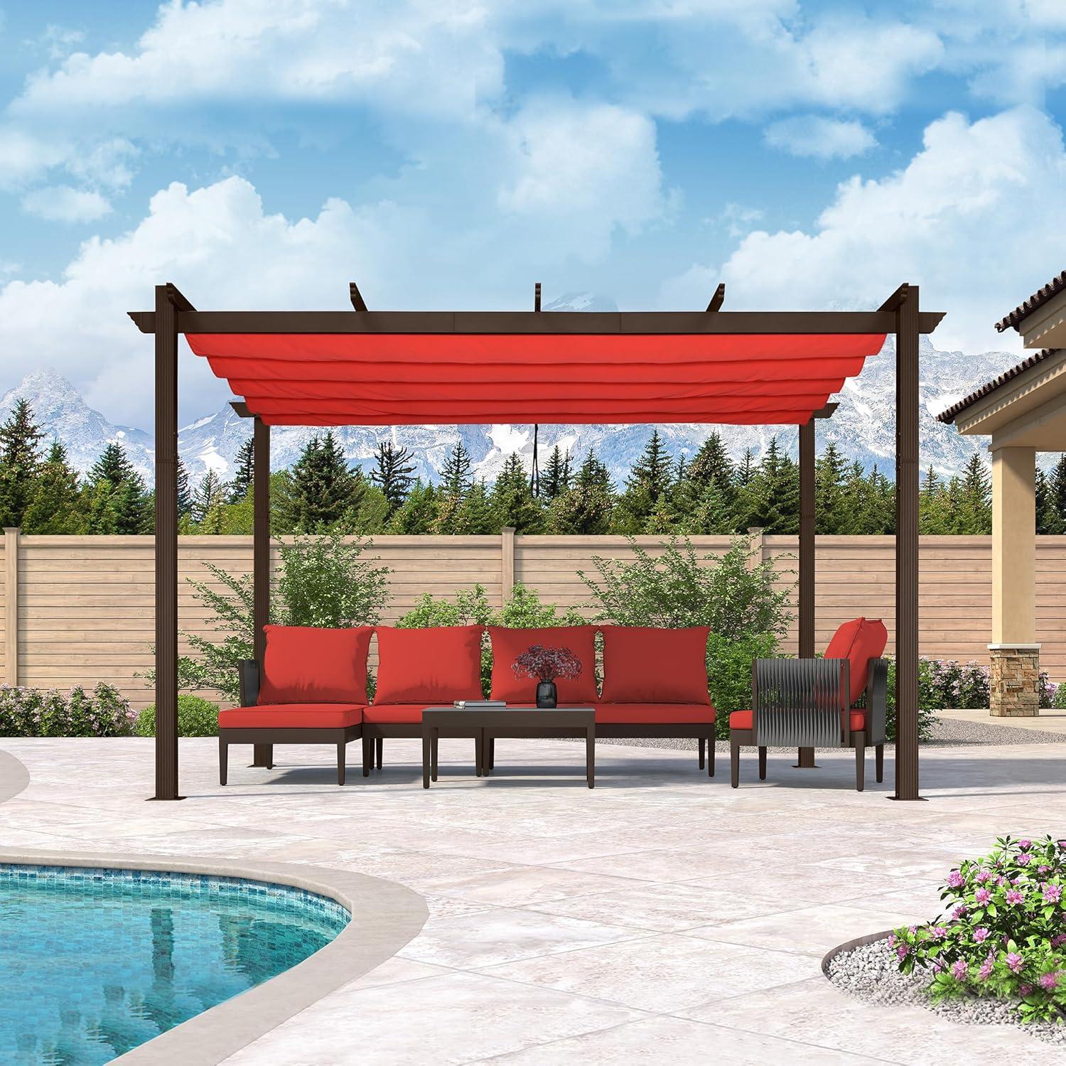 PURPLE LEAF Pergola 10' X 13' Outdoor Retractable Metal Patio Pergola with Shade Cover for Garden Yard Pavilion Grill for Beach Deck Gazebo, Terra