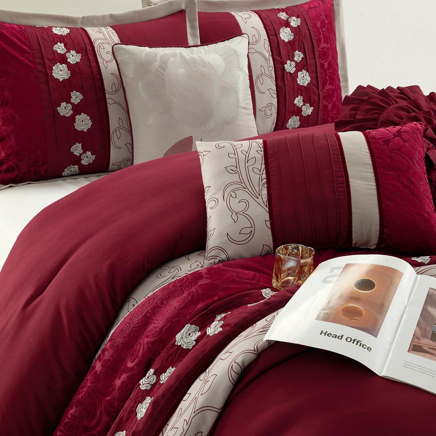 King Size 7 Piece Burgundy Brown Embroidery Soft Bedding Comforter Set