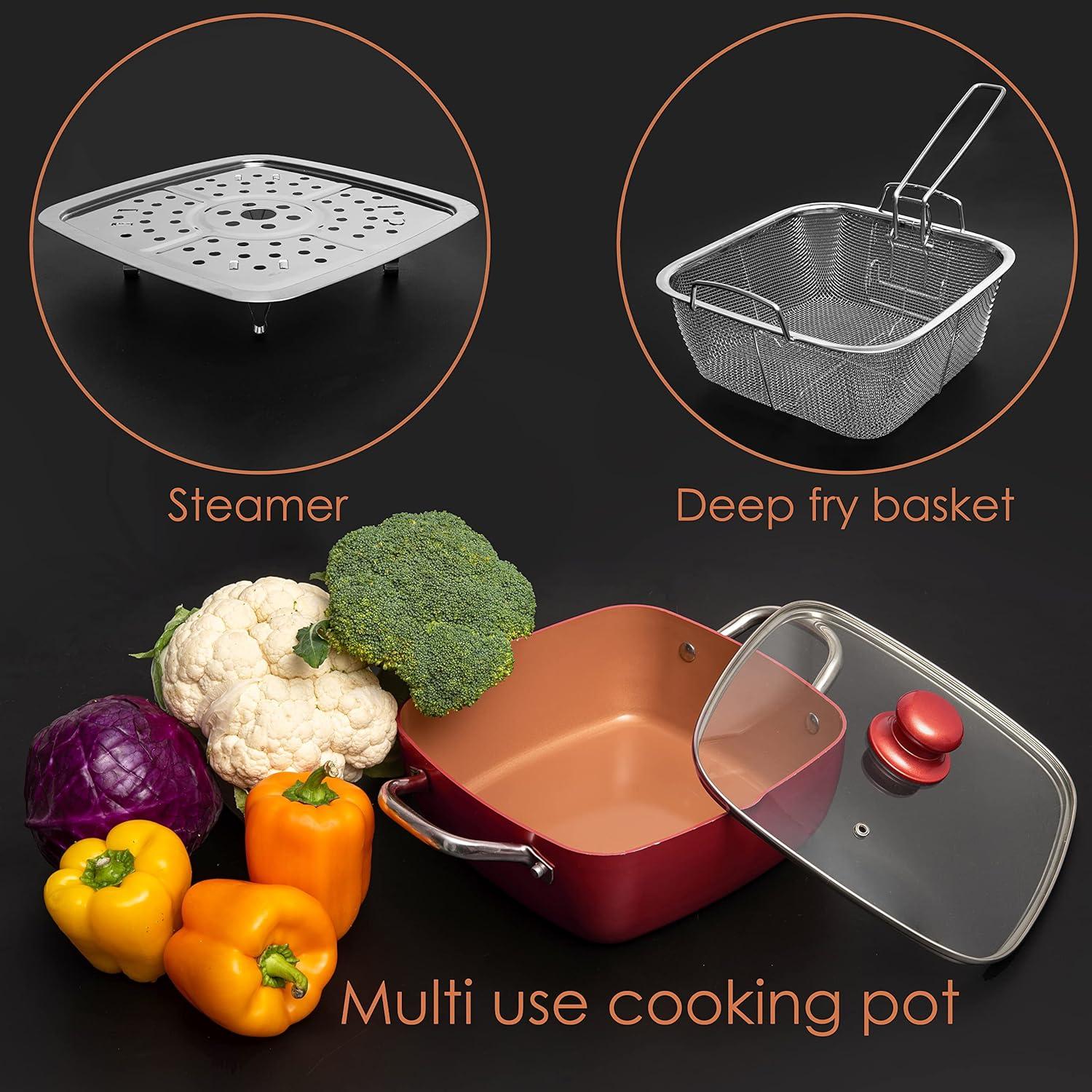 Moss & Stone Copper 5 Piece Set Chef Cookware, 9.5” Non Stick Pan, Deep Square Pan, Fry Basket, Steamer Tray, Dishwasher & Oven Safe, 5 Quart Copper Pot Set, Red Induction Cookware Set