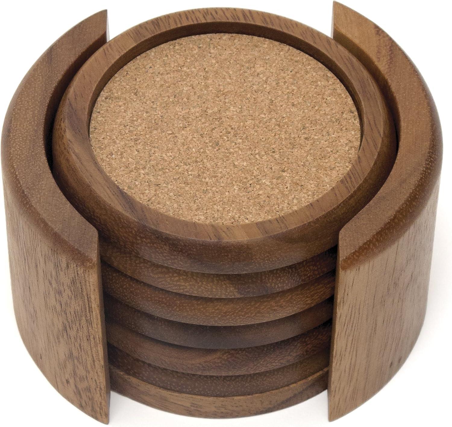 Lipper International Acacia Round with Cork Coasters and Caddy, 7-Piece Set