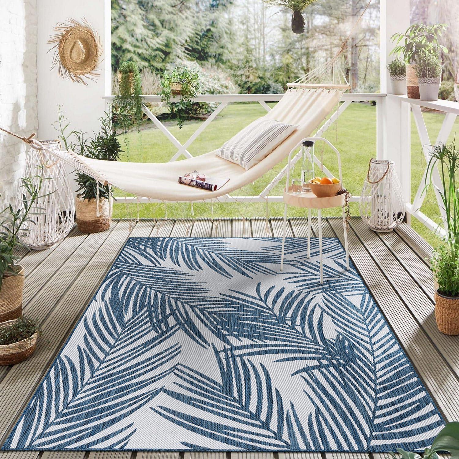 World Rug Gallery Contemporary Distressed Leaves Textured Flat Weave Indoor/Outdoor Area Rug - NAVY 7'10"X10'