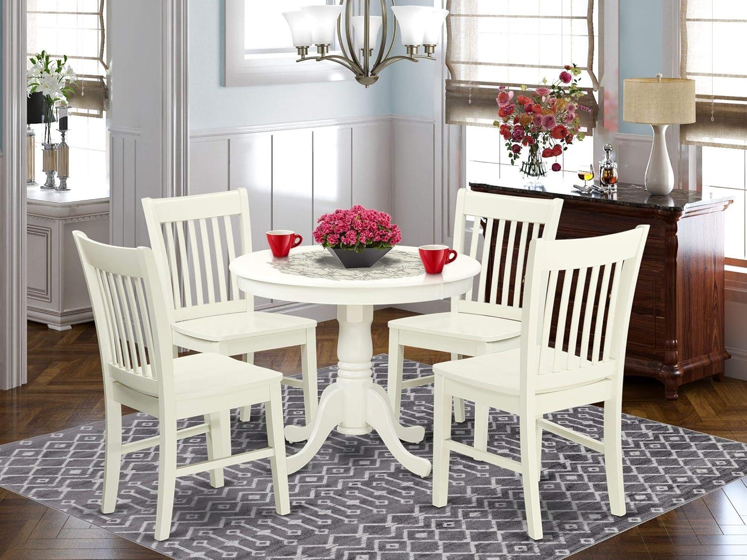 Linen White Round Pedestal Dining Table Set with 4 Chairs