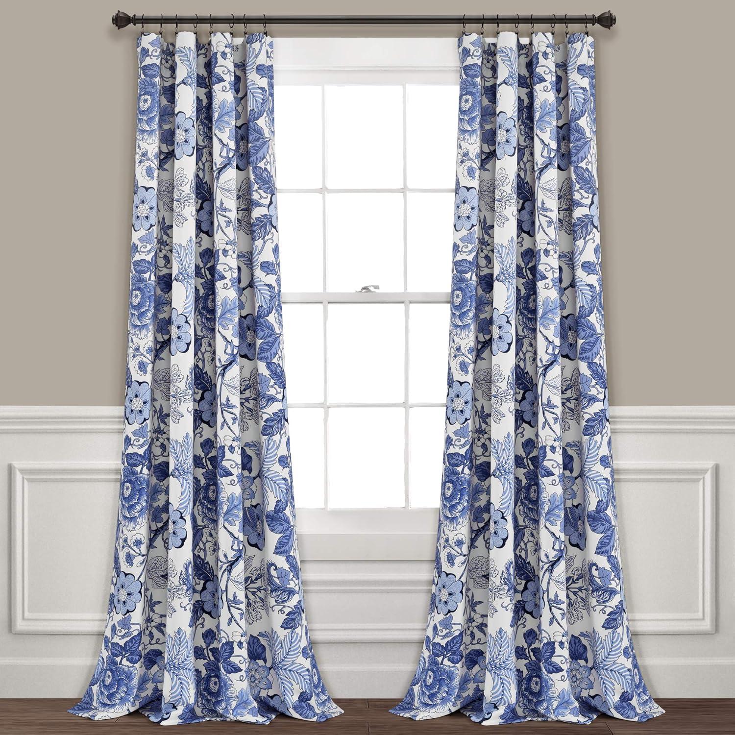 Navy and White Floral Blackout Polyester Curtain Panels