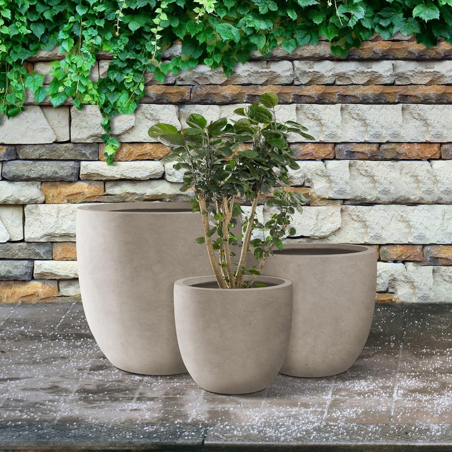 Set of 3 Gray Round Concrete Planters with Drainage Holes