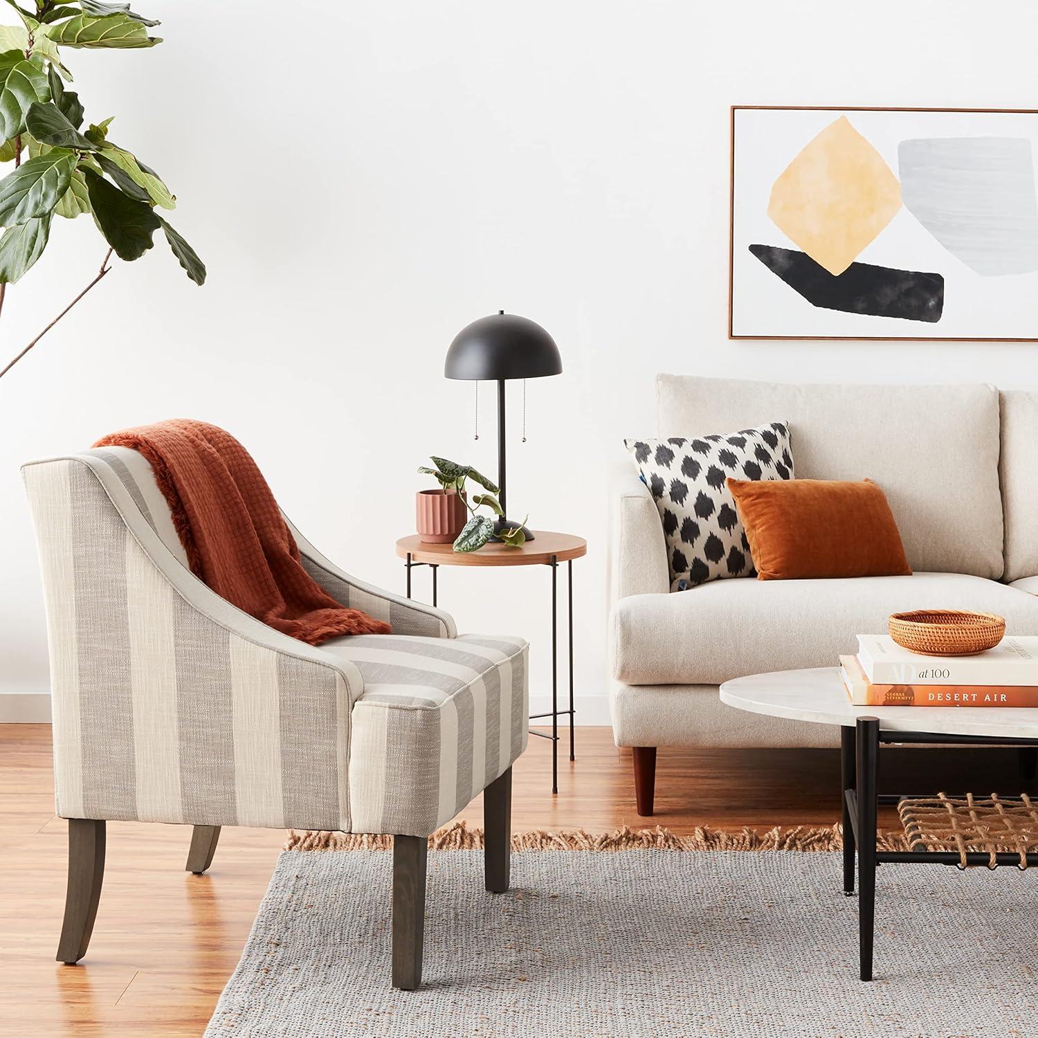 Classic Gray Stripe Swoop Armchair with Wood Legs