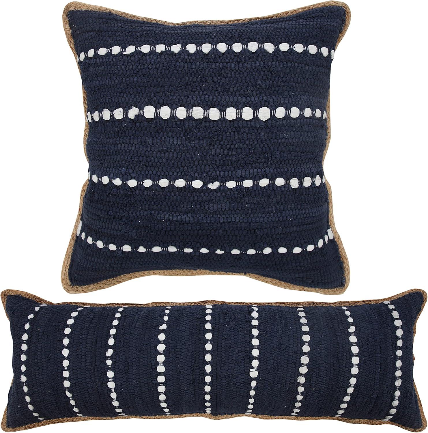 Ox Bay 14" x 36" Hand-Woven Blue/ White Bordered Cotton Blend Pillow Cover