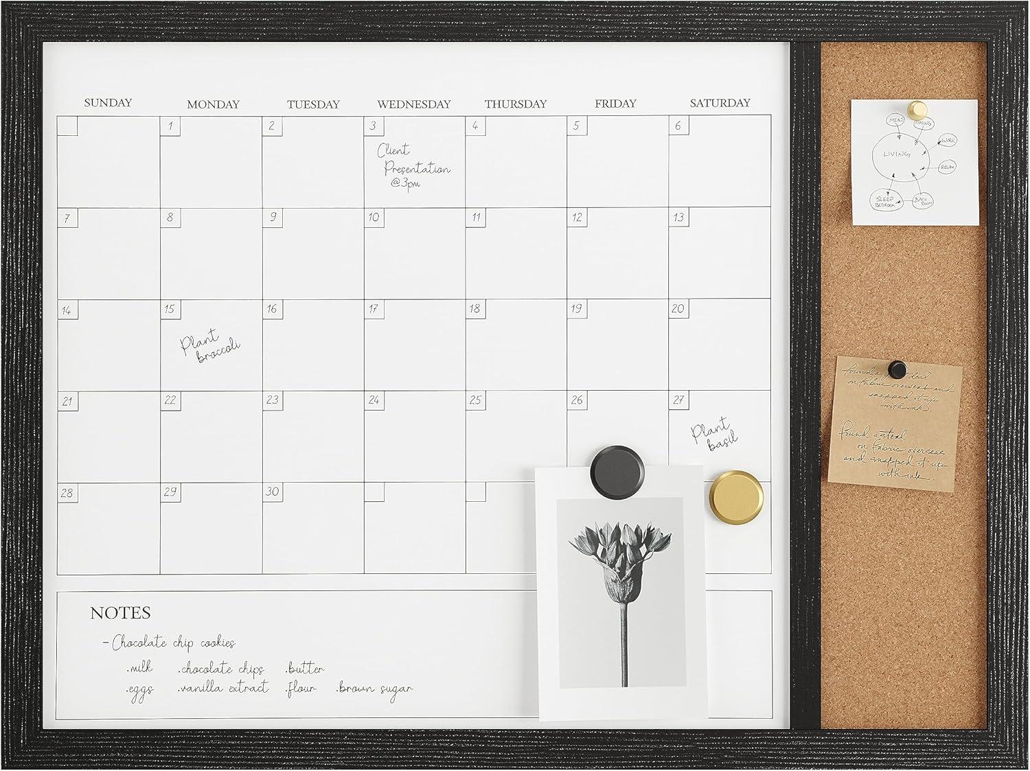 Martha Stewart Everette 24"x18" Magnetic Dry Erase Monthly Calendar and Cork Board Combo with Included Marker, Magnets, and Push Pins, Black Woodgrain Frame