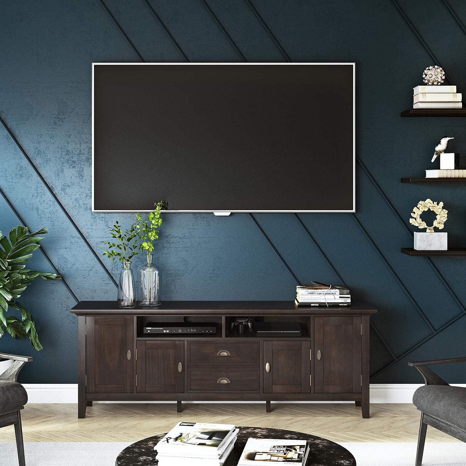 Simpli Home Redmond Wood 72" Transitional TV Media Stand in Brunette Brown For TVs up to 80"