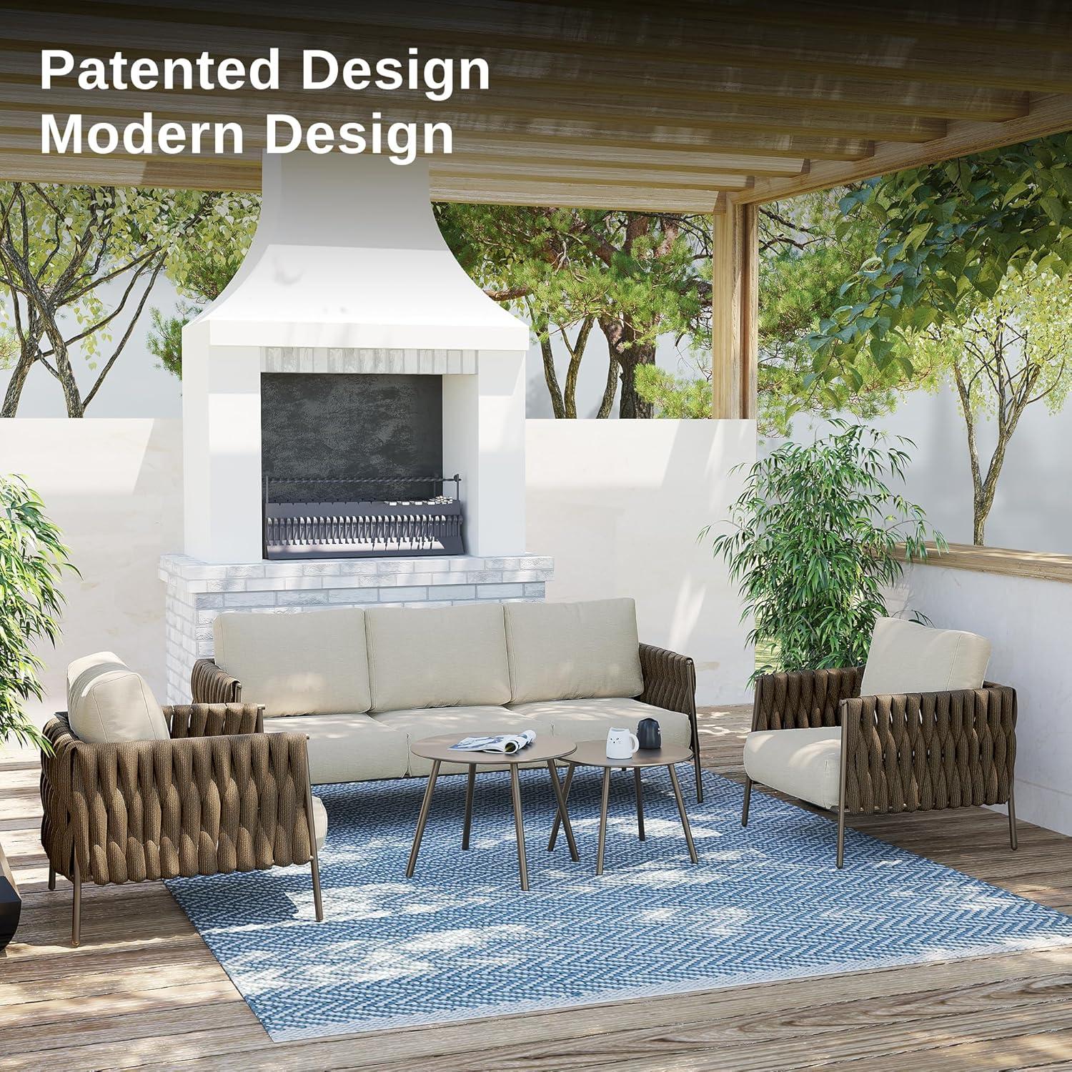 EAST OAK Patio Furniture Set 5 Pieces Sofa with Two Round Coffee Table  and Waterproof Thick Cushion Deep Seating