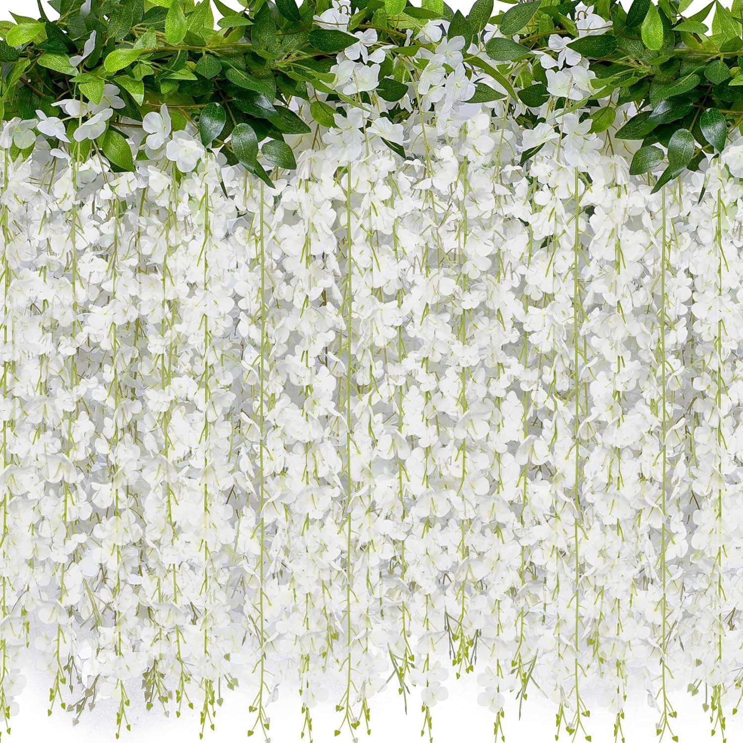 JACKYLED 40 Branches Wisteria Hanging Flowers 6 Feet Artificial White Vine Silk Wisteria Flowers Garland for Wedding Arch Party Garden Home Decor (4 Packs)
