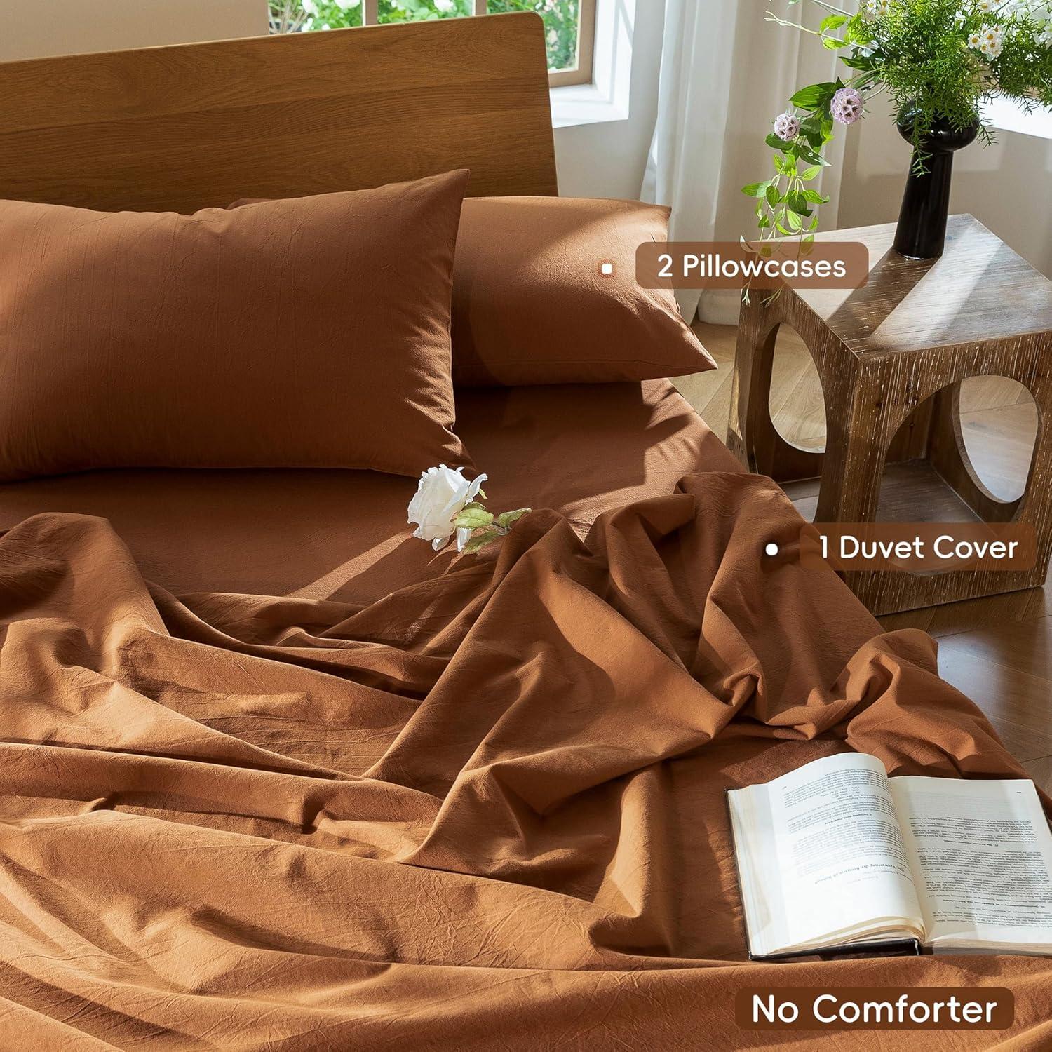 MOOMEE 100% Washed Cotton Linen Like Textured Duvet Cover Set