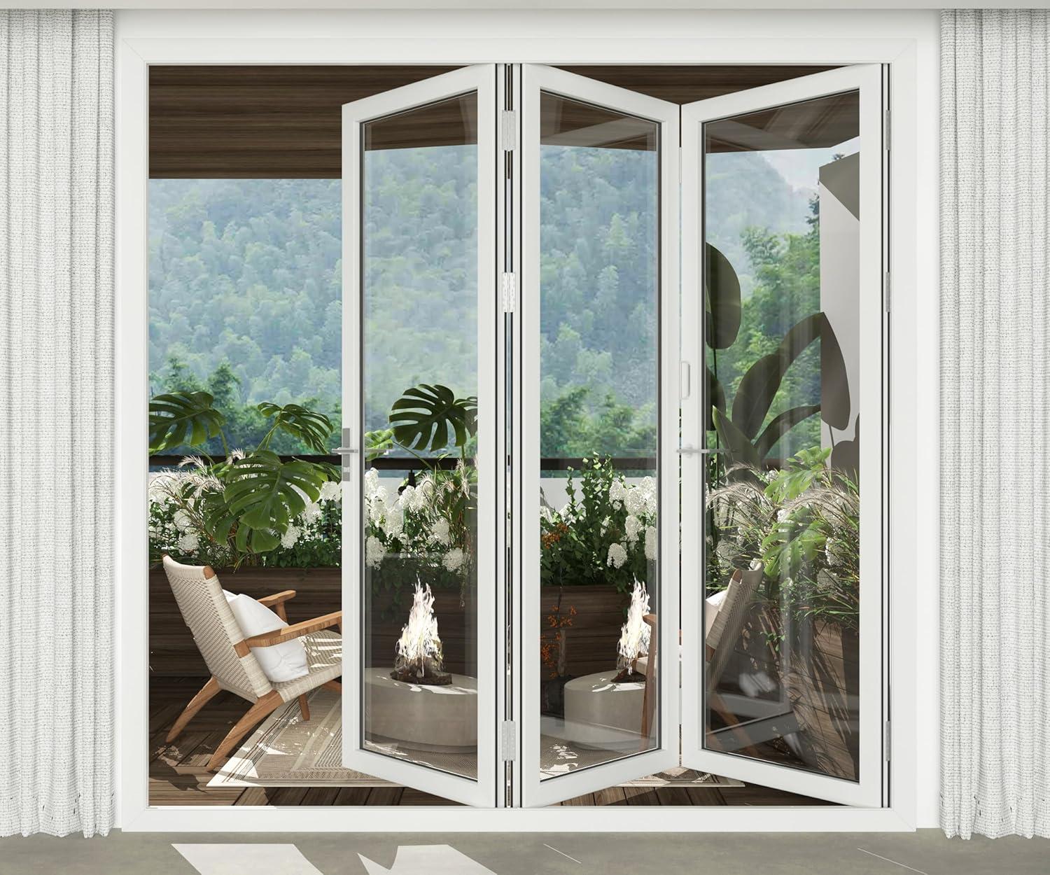 KaMic 96" x 80" 3 Panels Aluminum Folding Doors In White, Folded Out From Right To Left