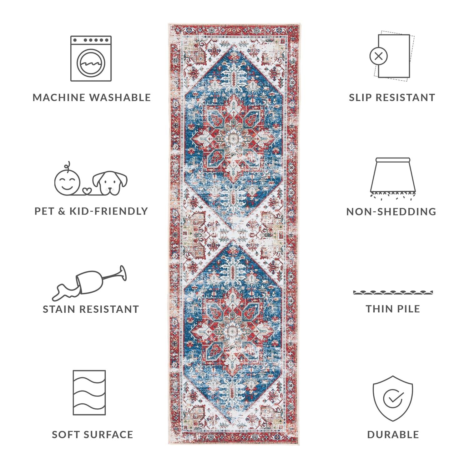 Tucson Vintage Persian TSN102 Power Loomed Machine Washable Skid-Resistant Indoor Runner Rug - Blue/Red - 2'6"x12' - Safavieh