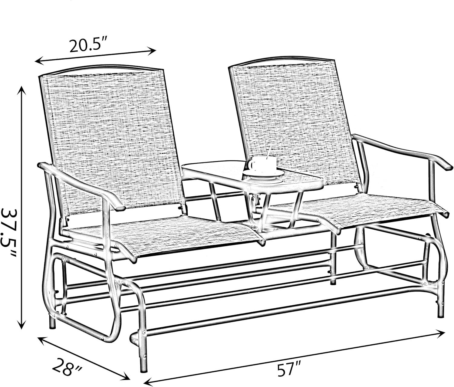 Gardenised Two Person Outdoor Double Swing Glider Chair Set with Center Tempered Glass Table, Loveseat Lawn Rocker Bench