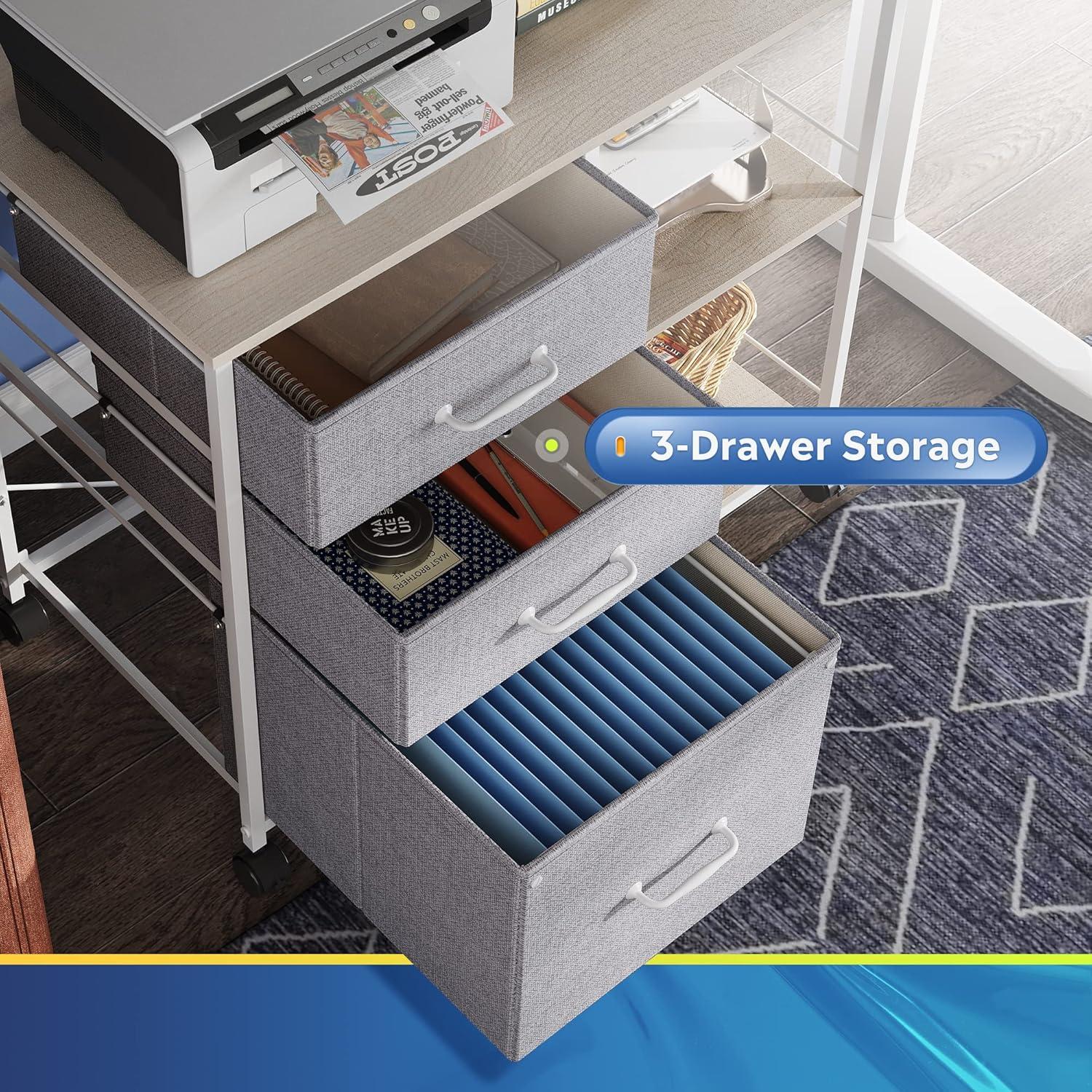 Light Grey 3-Drawer Mobile File Cabinet: Rolling Printer Stand with Open Shelf, Fits A4/Letter Size