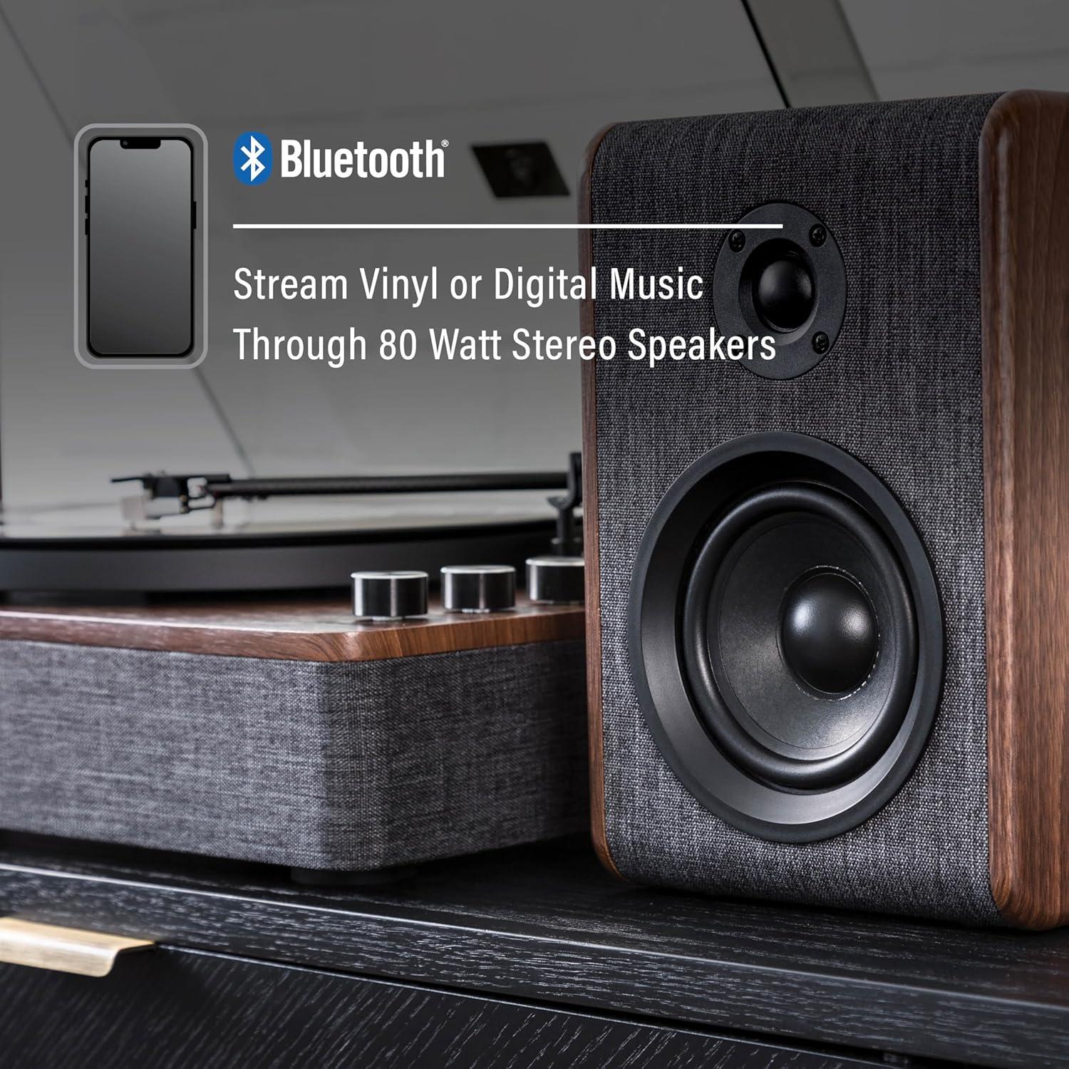 Charcoal and Brown Bluetooth Record Player with Speakers