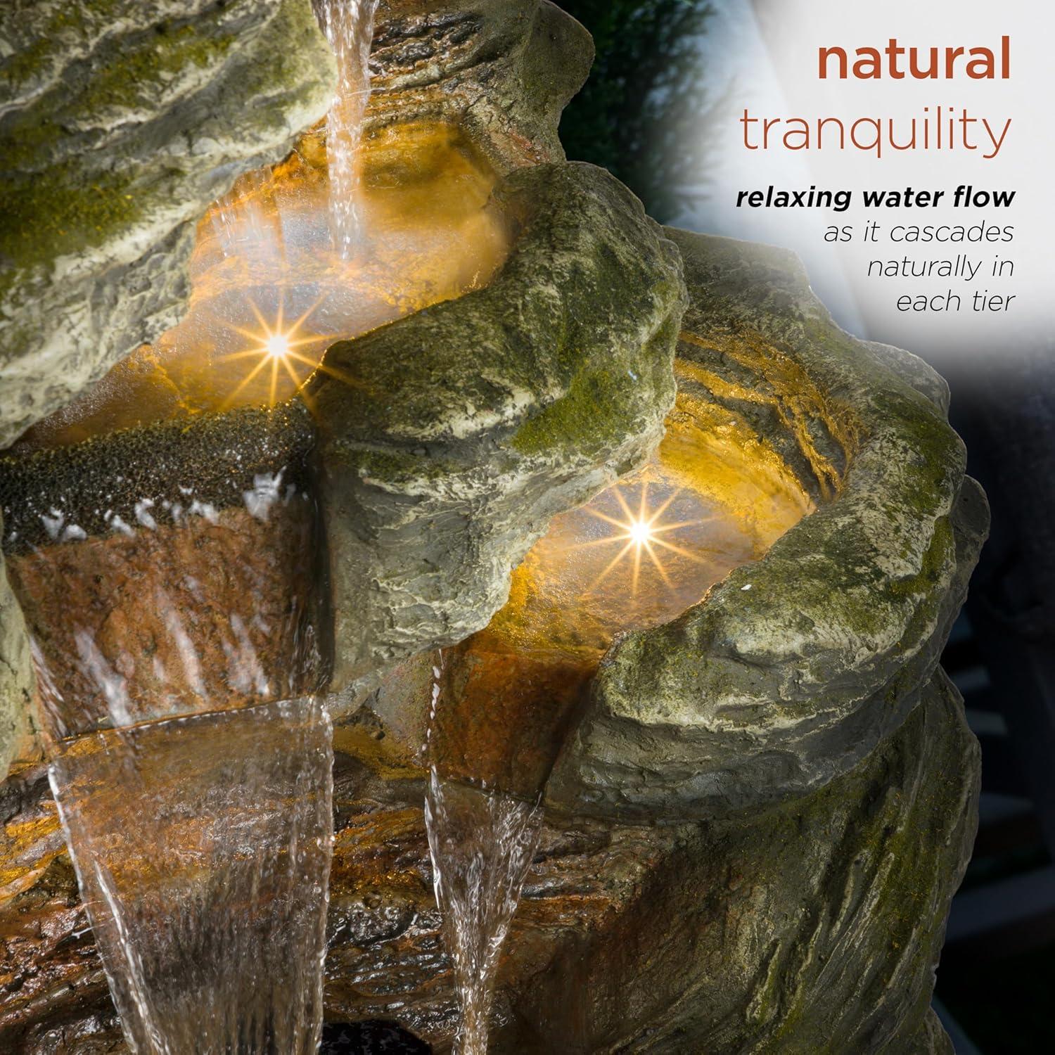 51" Resin Rock Cascading Fountain with LED Lights Gray - Alpine Corporation: Waterfall Feature, Birdbath