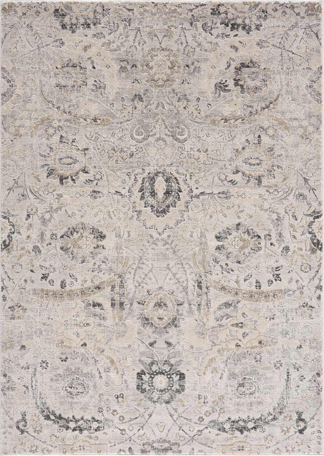 Hauteloom Georgiana Rustic Farmhouse Traditional Floral Medallion Carpet for Living Room, Bedroom - Boho Vintage Oriental Damask Area Rug - Grey, Black, Light Brown, Cream - 5'3" x 7'3" (5x7)