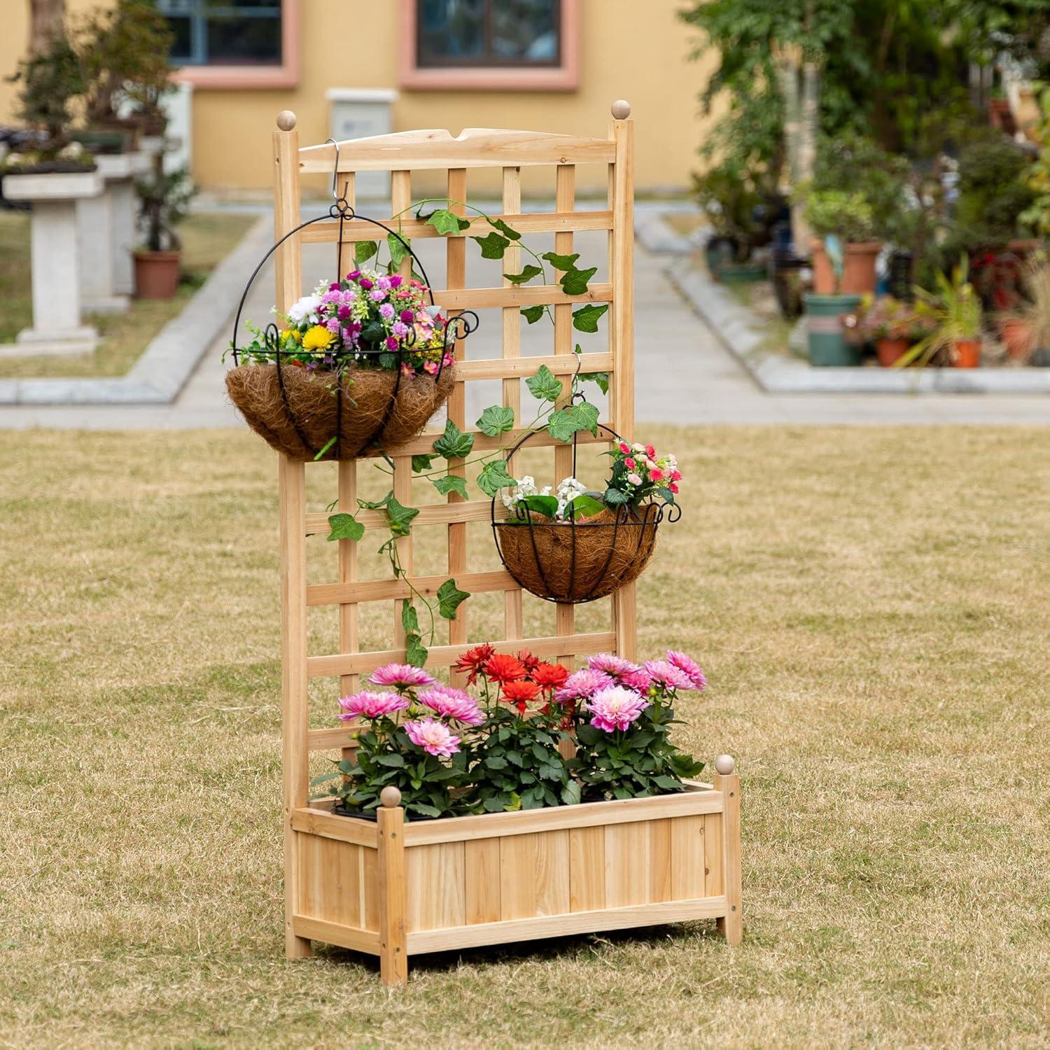 Outsunny 24" x 12" x 49" Raised Garden Bed, Planter with Trellis Board Back & Strong Wooden Design