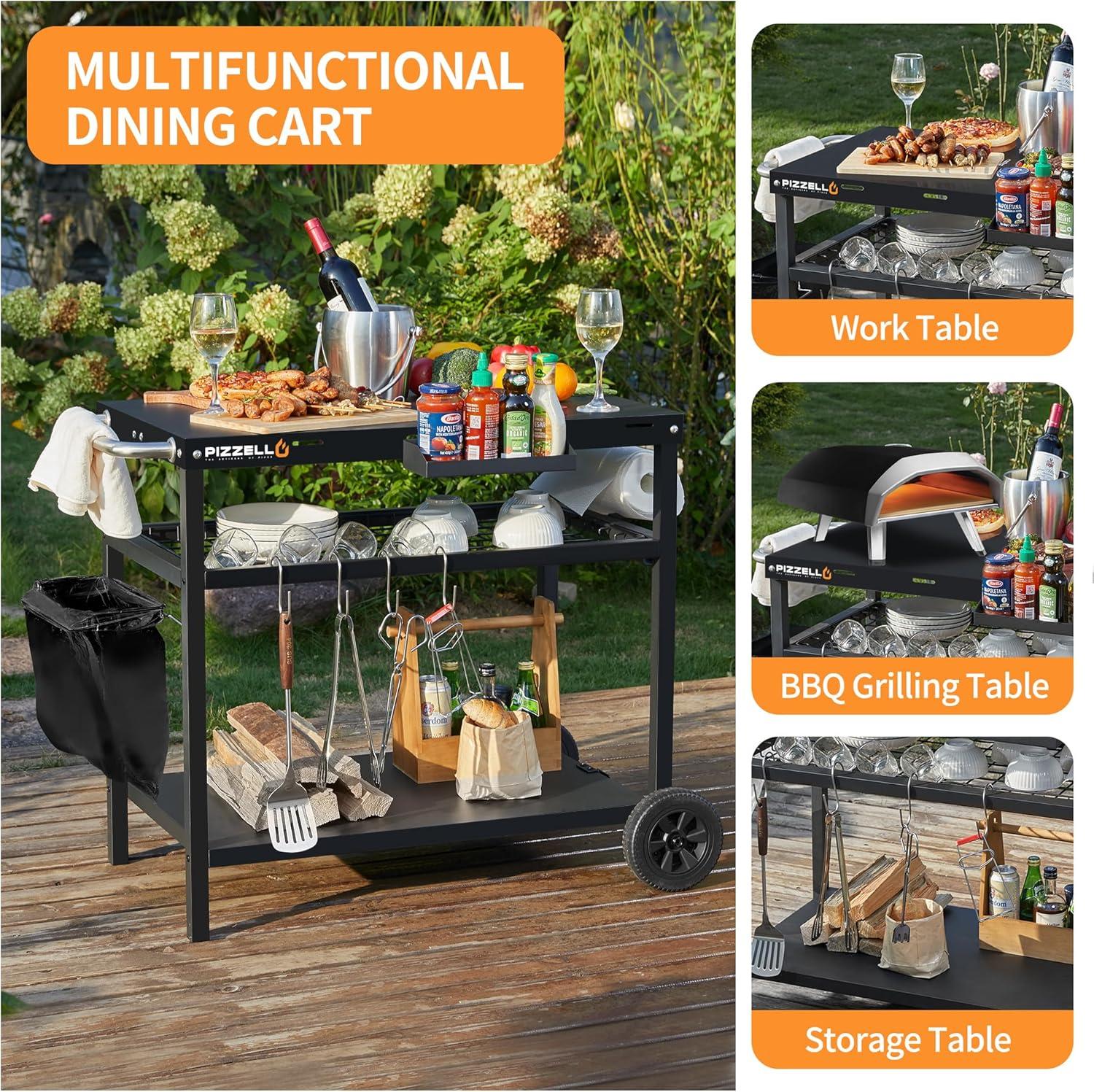 Black Steel Three-Shelf Outdoor Grill Cart with Wheels