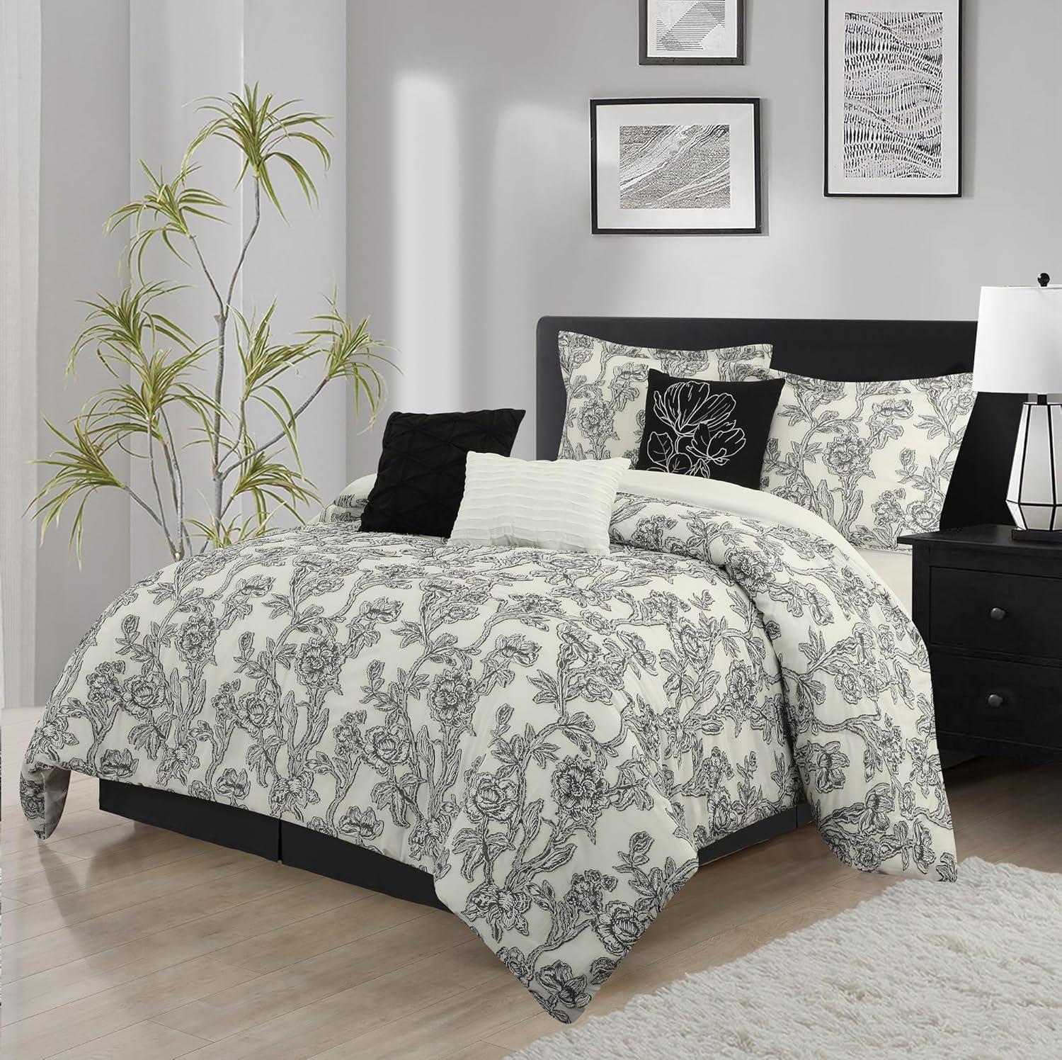 Queen Black and White Floral Jacquard Comforter Set