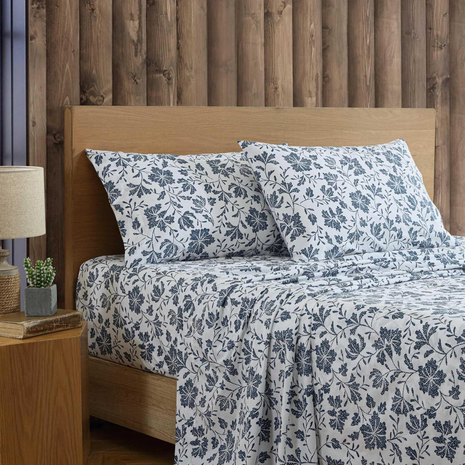 Eddie Bauer Woodblock Floral Blue 100% Cotton Percale Queen Sheet Set