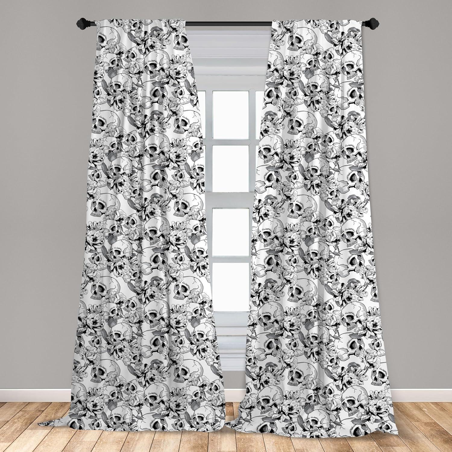 Ambesonne Celebration Curtains, Sketch Dead Skull, Pair of 28"x84", Black and White