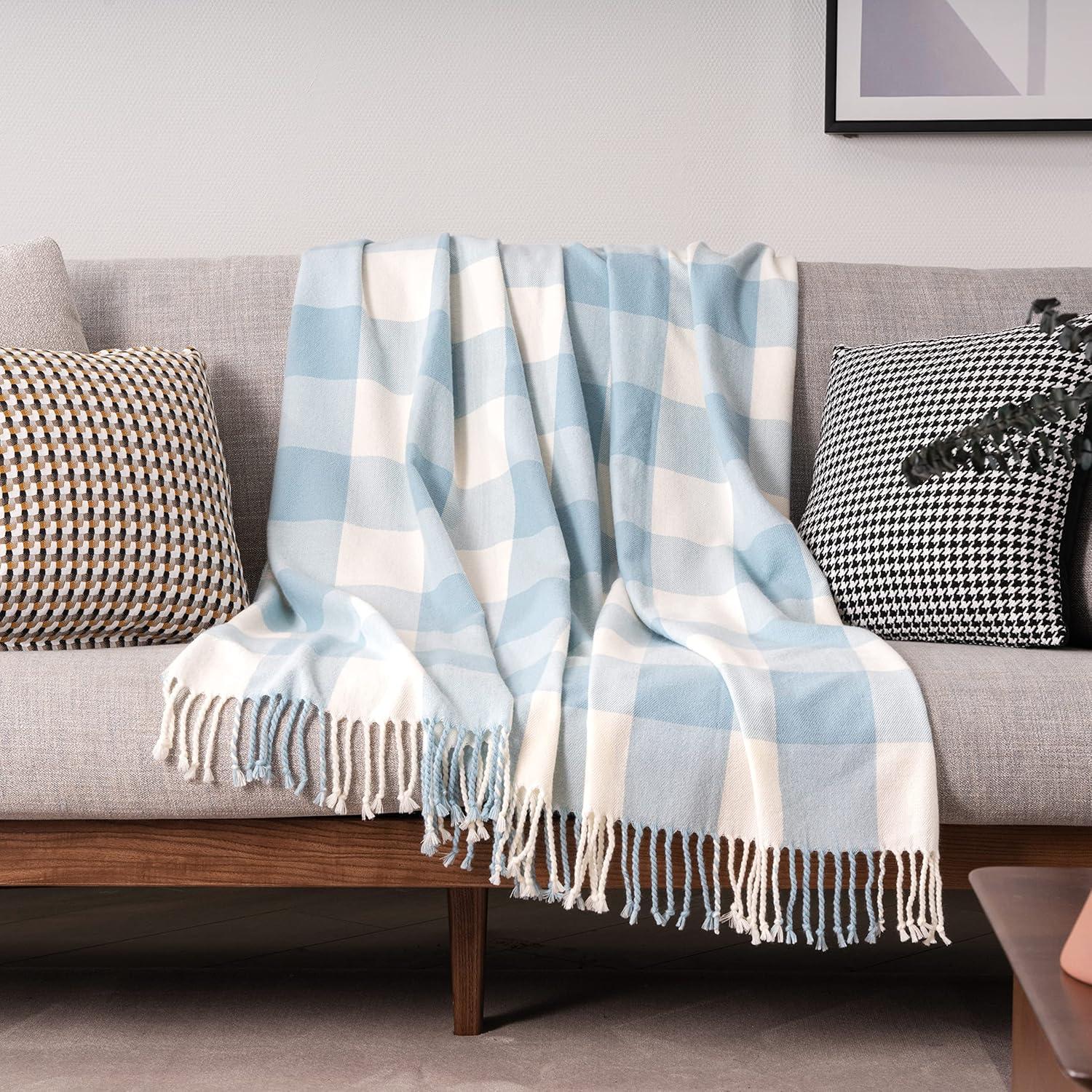 Winter Blue Wool Checkered Throw Blanket with Fringes, 50x60