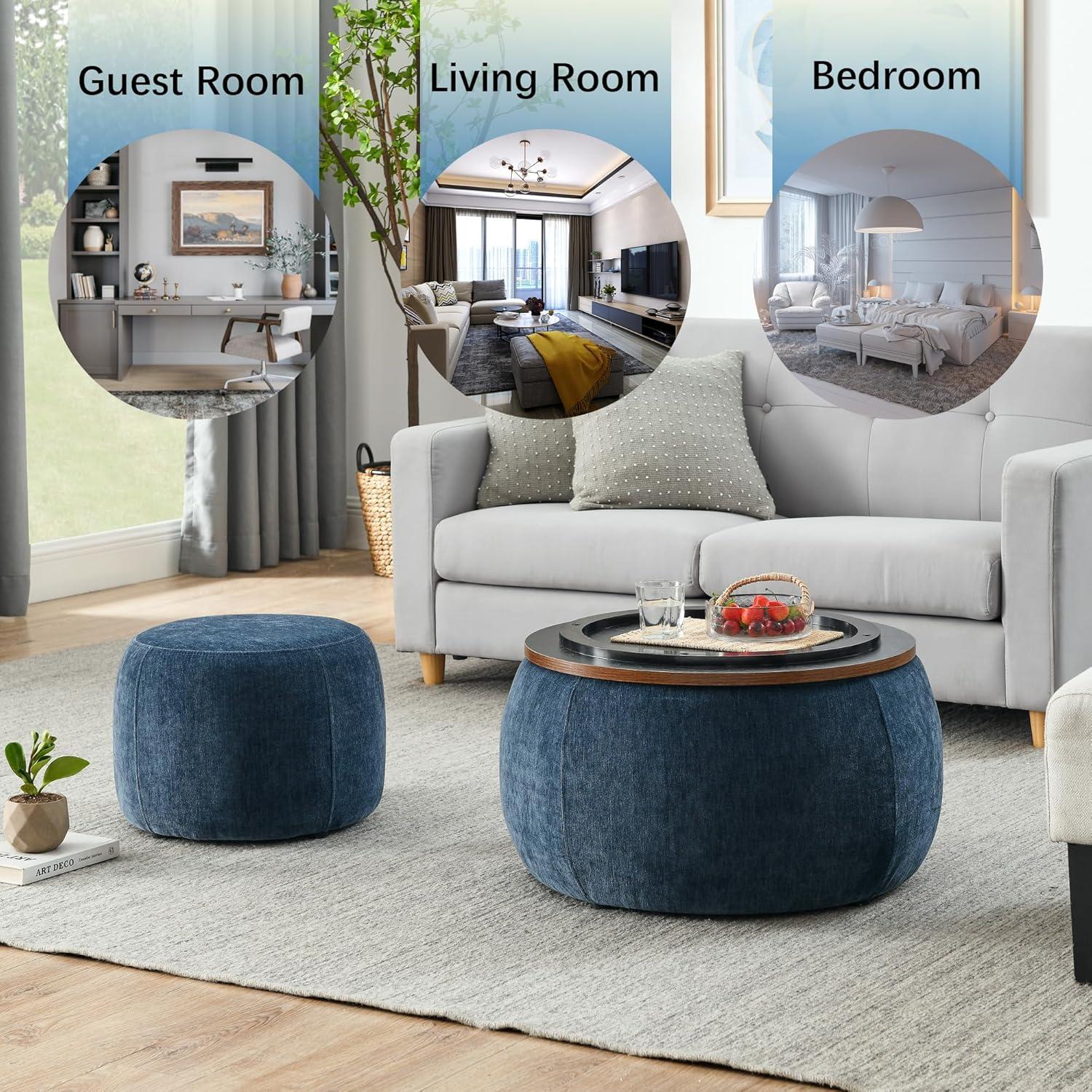 2-Piece Set Round Chenille Storage Ottoman, Equipped with a Drum Shaped Small Stool, Storage Space, and MDF Made Desktop Panel (Dark Blue, 25"x25"x14.7")