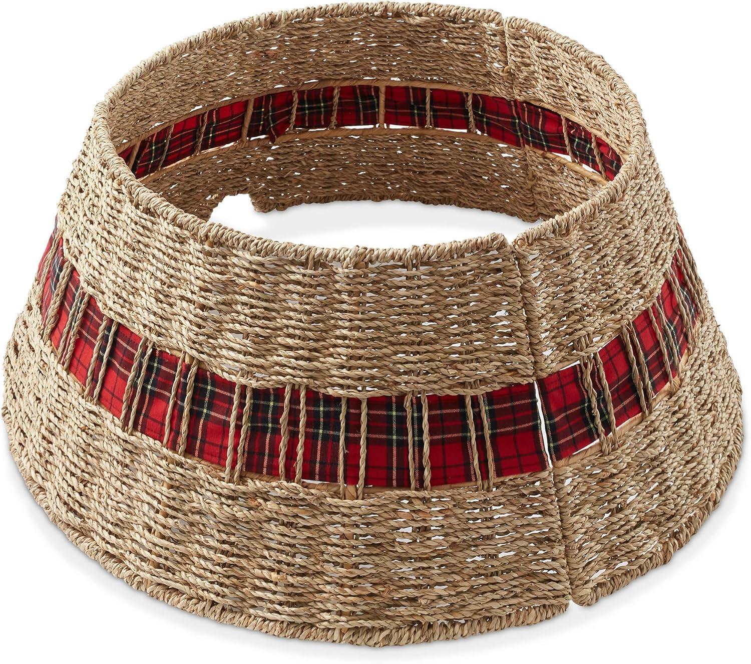 Casafield 24-Inch Seagrass Hyacinth Christmas Tree Collar, Woven Farmhouse Tree Base Cover with Cord Cut Out, Natural