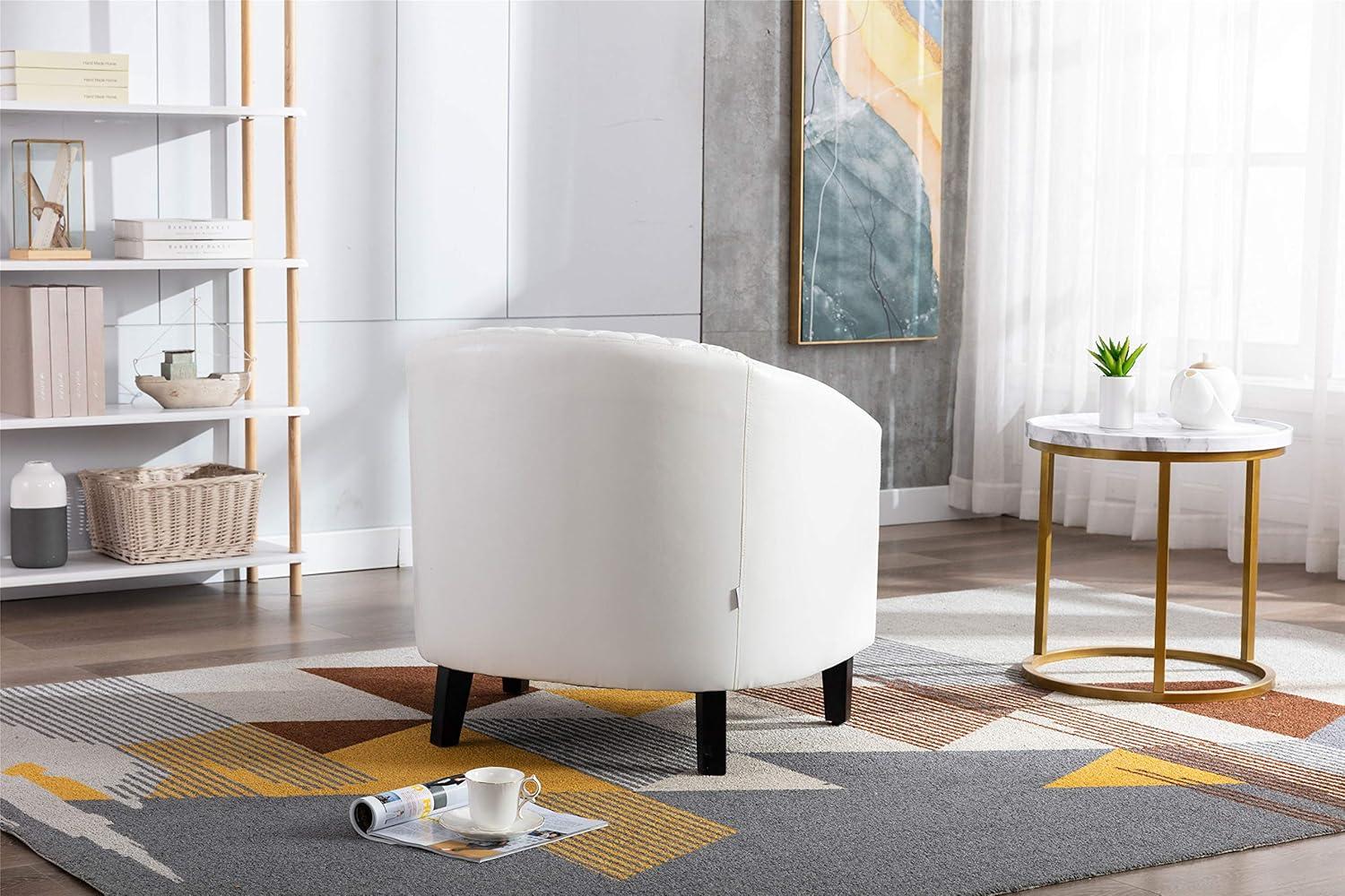 Barrel Chair PU Leather and Solid Wood Legs Tufted Cushion Rivet Decor Tub Barrel Style Bedroom Club Sofa Chair for Attic Rest Area and Home Living Room Max Weight Capacity 250 LBS White