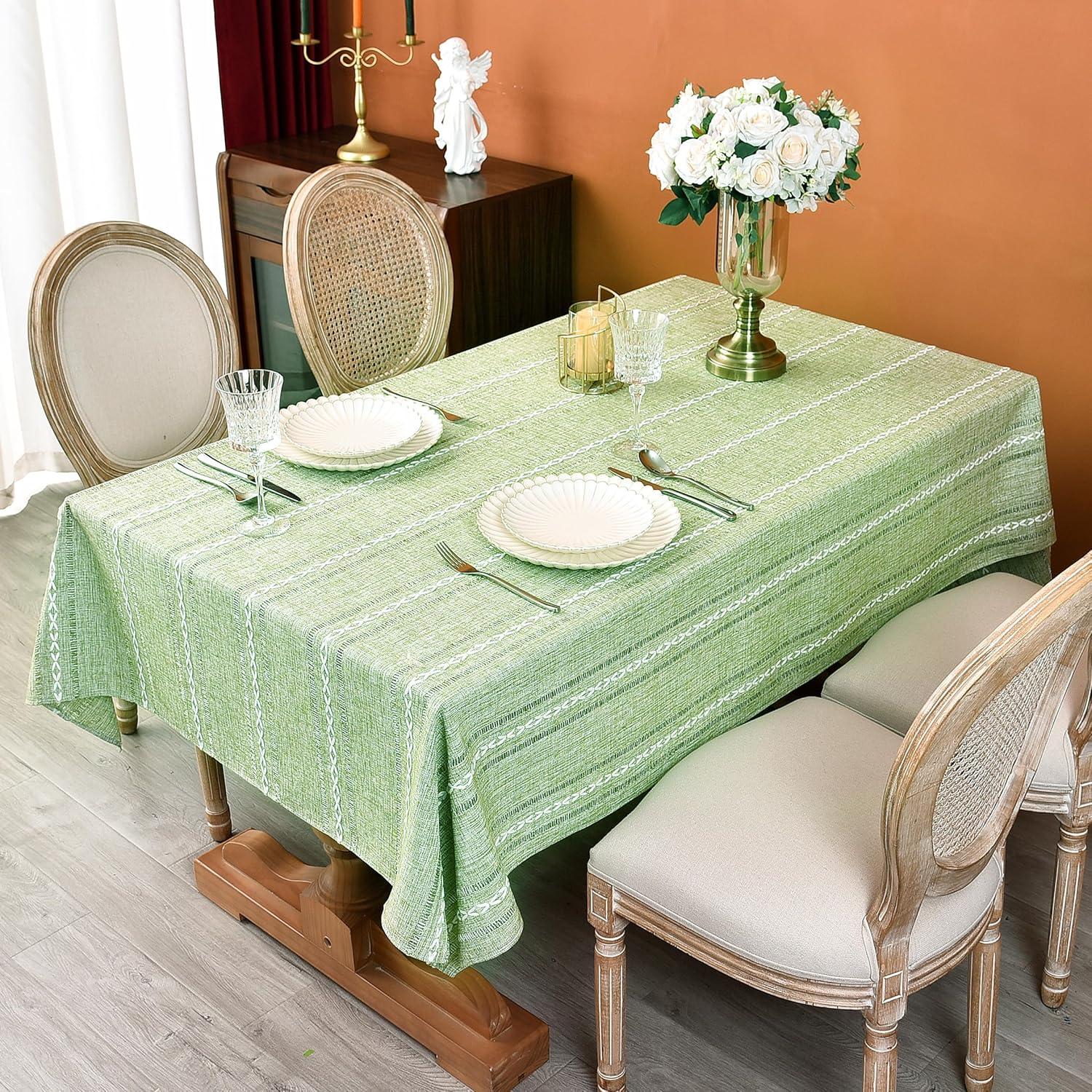 Sage Green Embroidered Cotton Linen Rectangular Tablecloth