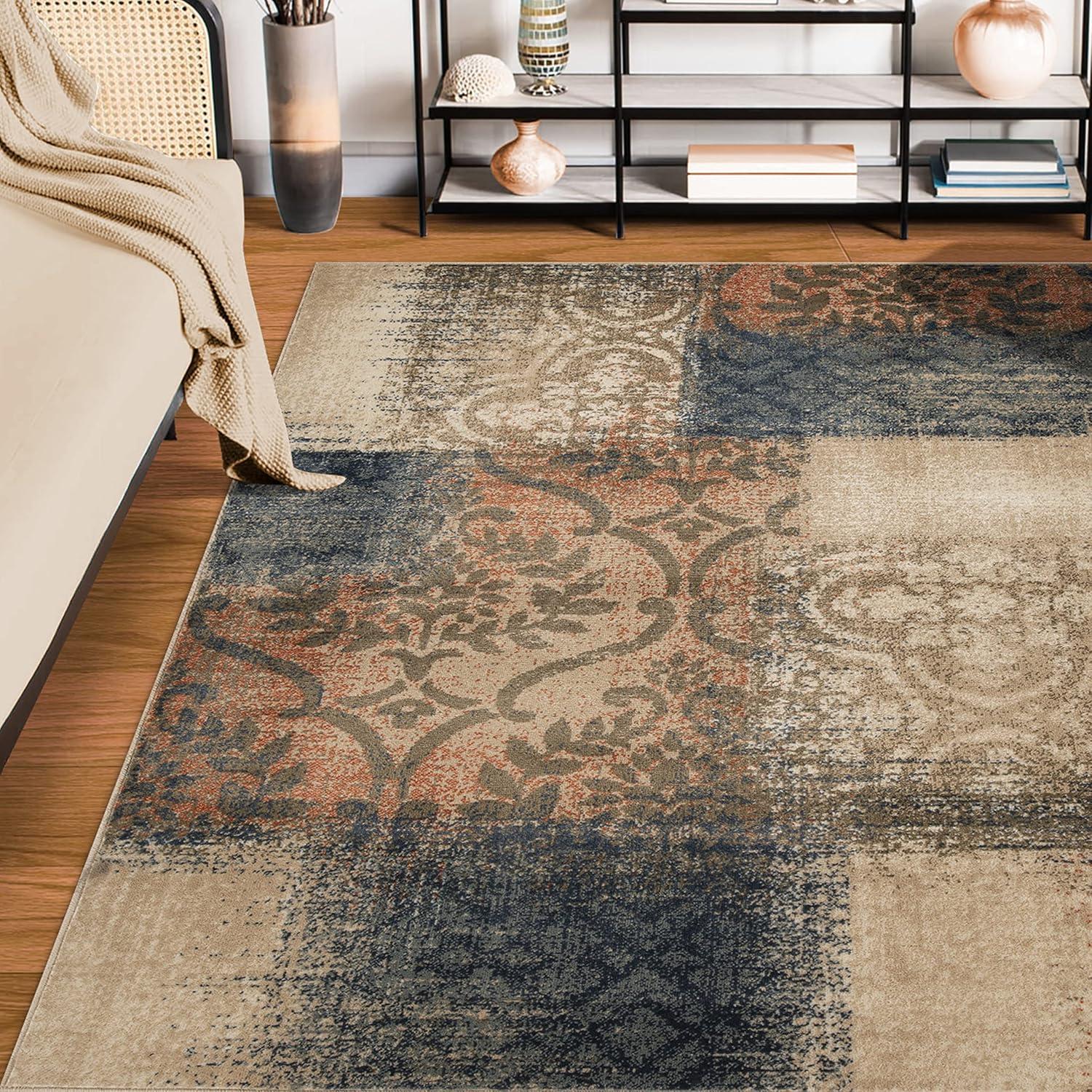 Superior Bristol 8' x 10' Indoor Area Rug, Damask Rugs for Living Room Bedroom, Midnight Navy-Salmon
