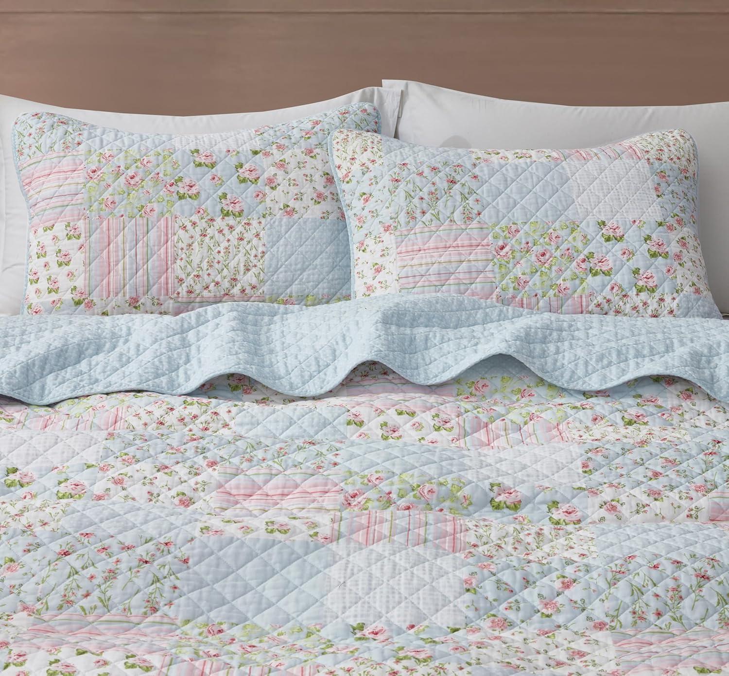 Chezmoi Collection Holly 3-Piece Stone-washed Cotton Quilt Set King Size - Printed Floral Patchwork Soft Breathable Lightweight Bedspread Set