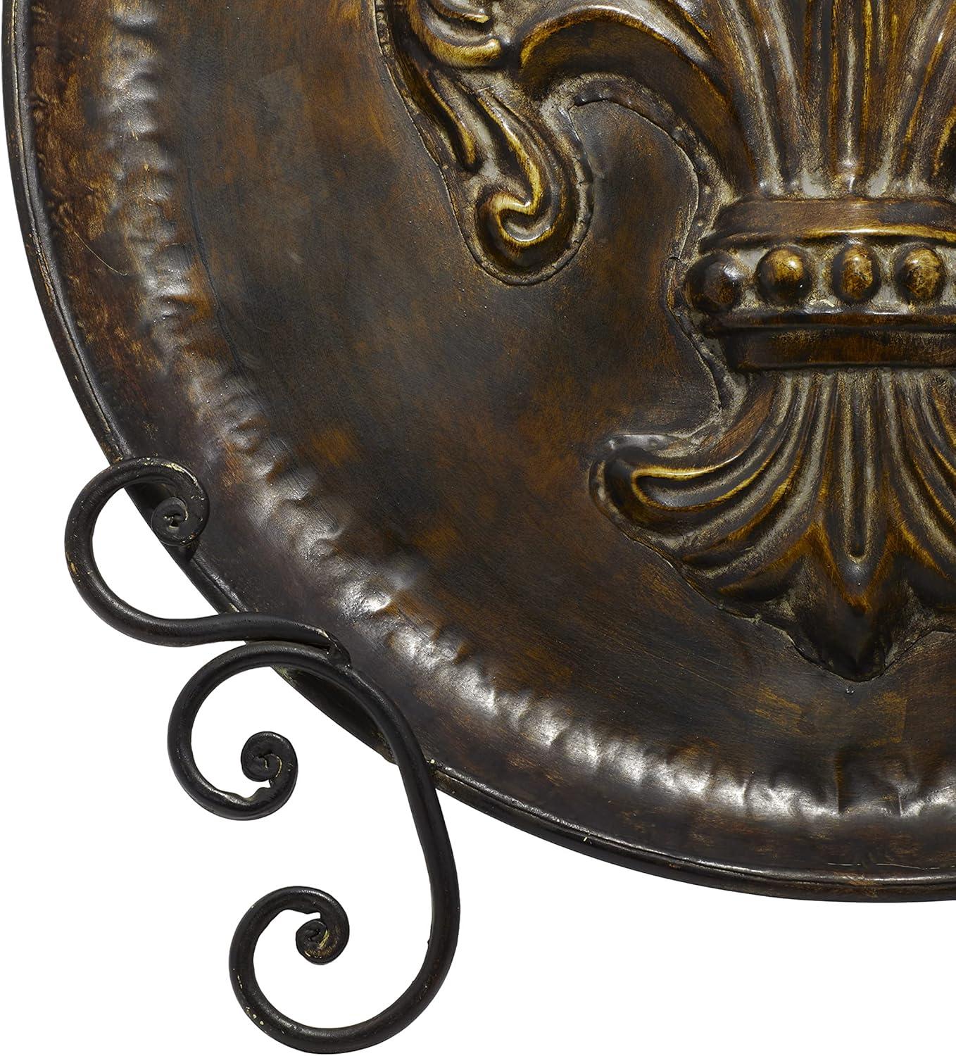 DecMode 14" Round Fleur De Lis Embossed Detail Brown Metal Charger with Stand