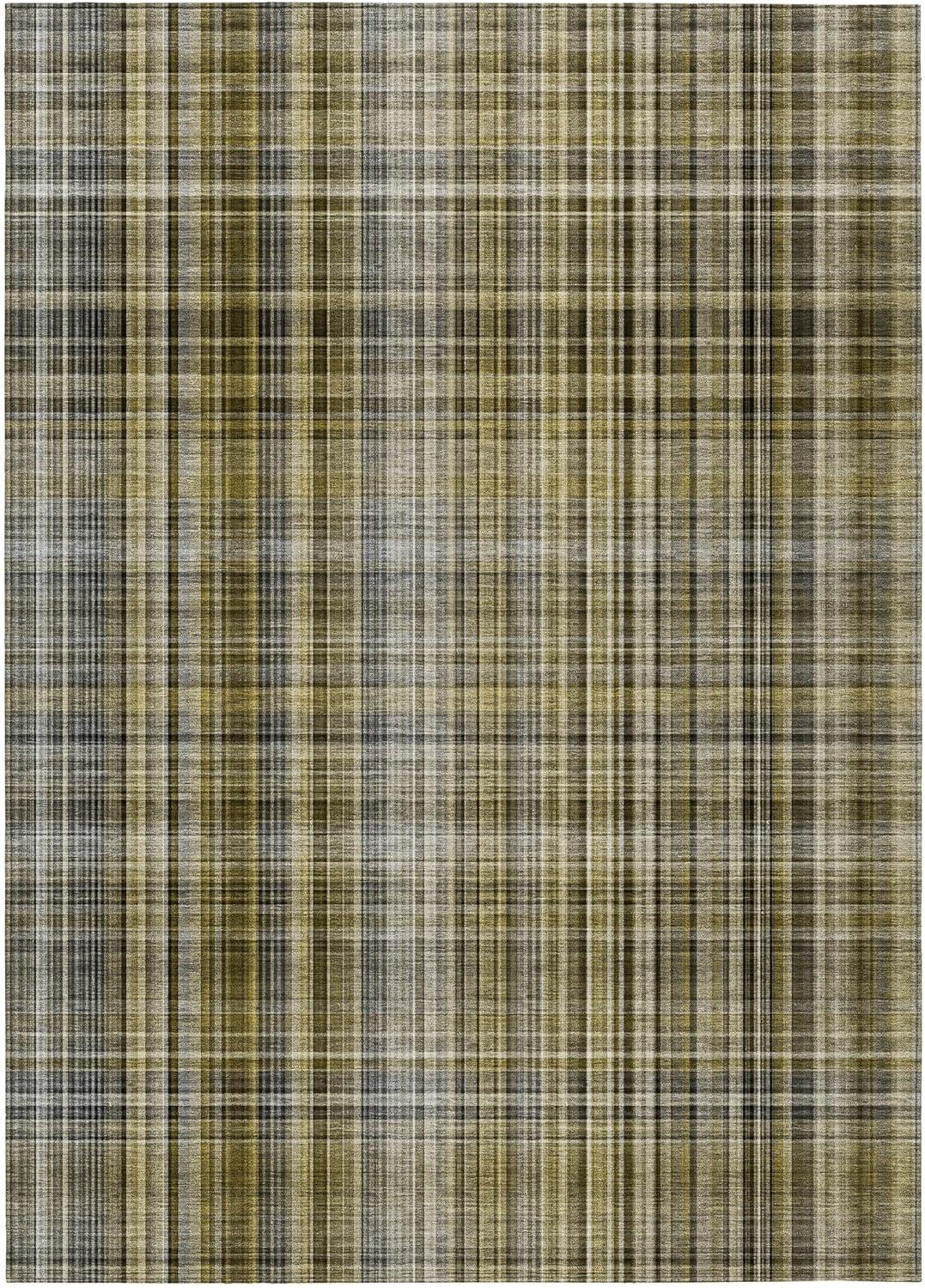 Taupe Plaid Synthetic 5' x 7' Washable Area Rug