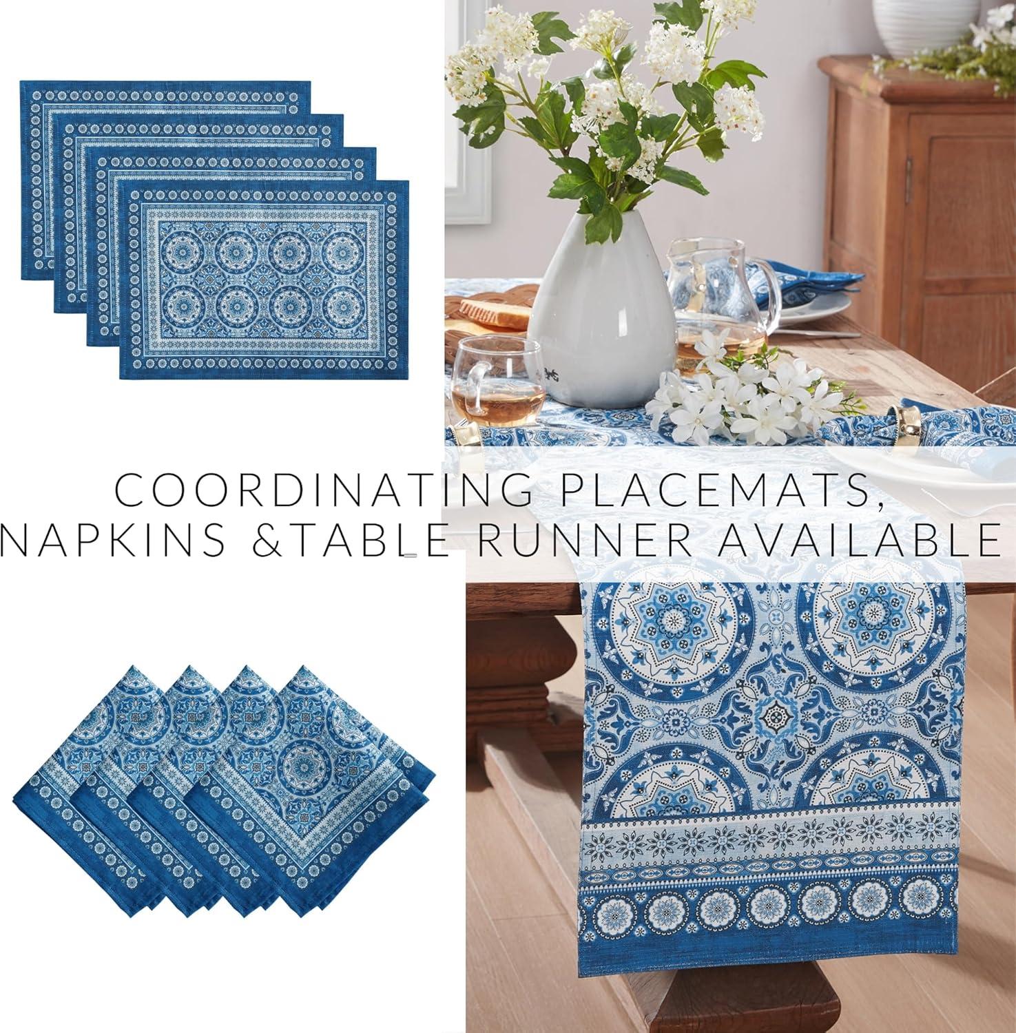 Vietri Medallion Blue Block Print Stain & Water Resistant Indoor/Outdoor Table Runner - Multicolor - 13x70 - Elrene Home Fashions