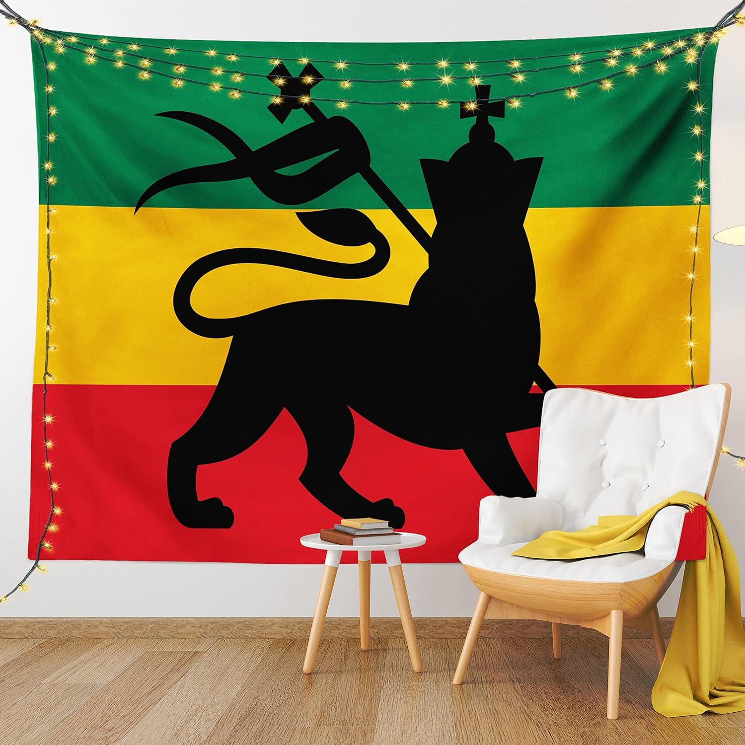 Rasta Tapestry, Rastafarian Flag with Judah Lion Reggae Music Inspired Design Image, Wall Hanging for Bedroom Living Room Dorm Decor, 60W X 80L Inches, Black Red Green and Yellow, by Ambesonne