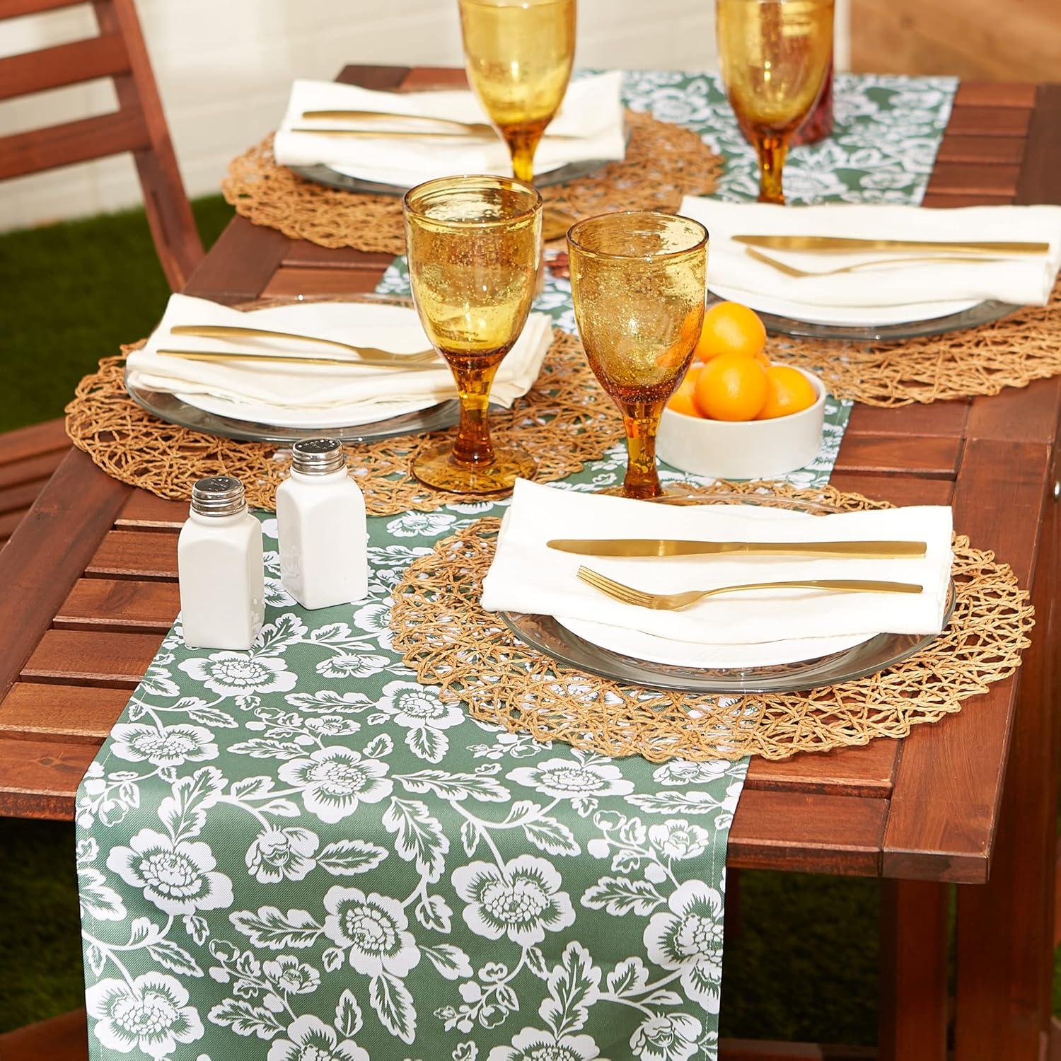 Artichoke Green  Floral Print Outdoor Fabric Table Runner 14x72
