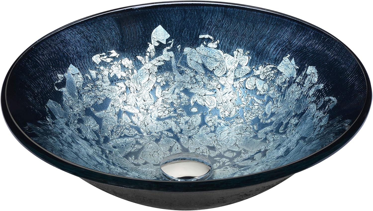 Silver Burst Glass Round Vessel Sink with Floral Pattern