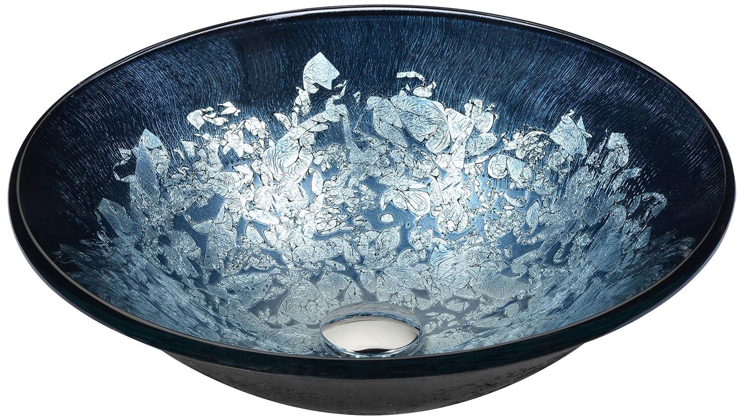 ANZZI Chrona Tempered Glass Vessel Bowl Sink in Silver Burst, Flower Top Mount Bathroom Sinks Above Counter, Navy Asian Floral Pattern Round Vanity Countertop Sink Bowl with Pop Up Drain, LS-AZ212