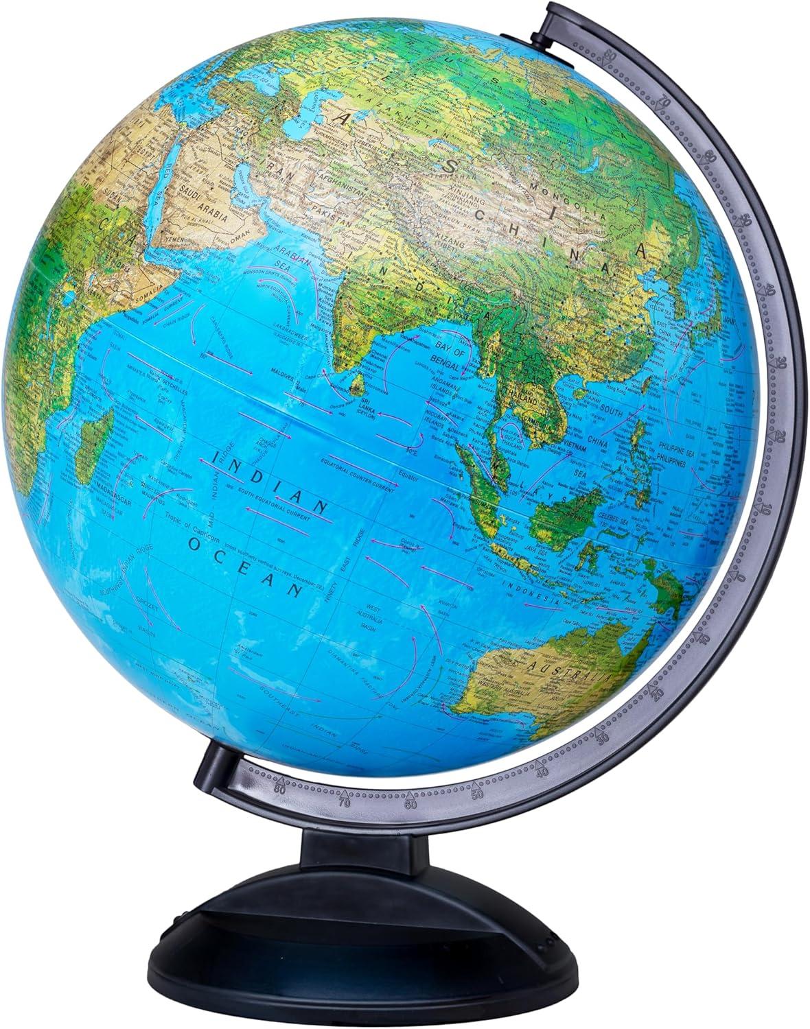 Replogle Ready to Assemble World 12" Diameter Globe, USA Cartography, Modern Acrylic Globe Stand and Blue Ocean Globe Ball. Easy to assemble globe that shows both Political and Vegetative information including political borders and provincial borders, major ocean currents, detailed lakes, rivers, tributaries and canals.