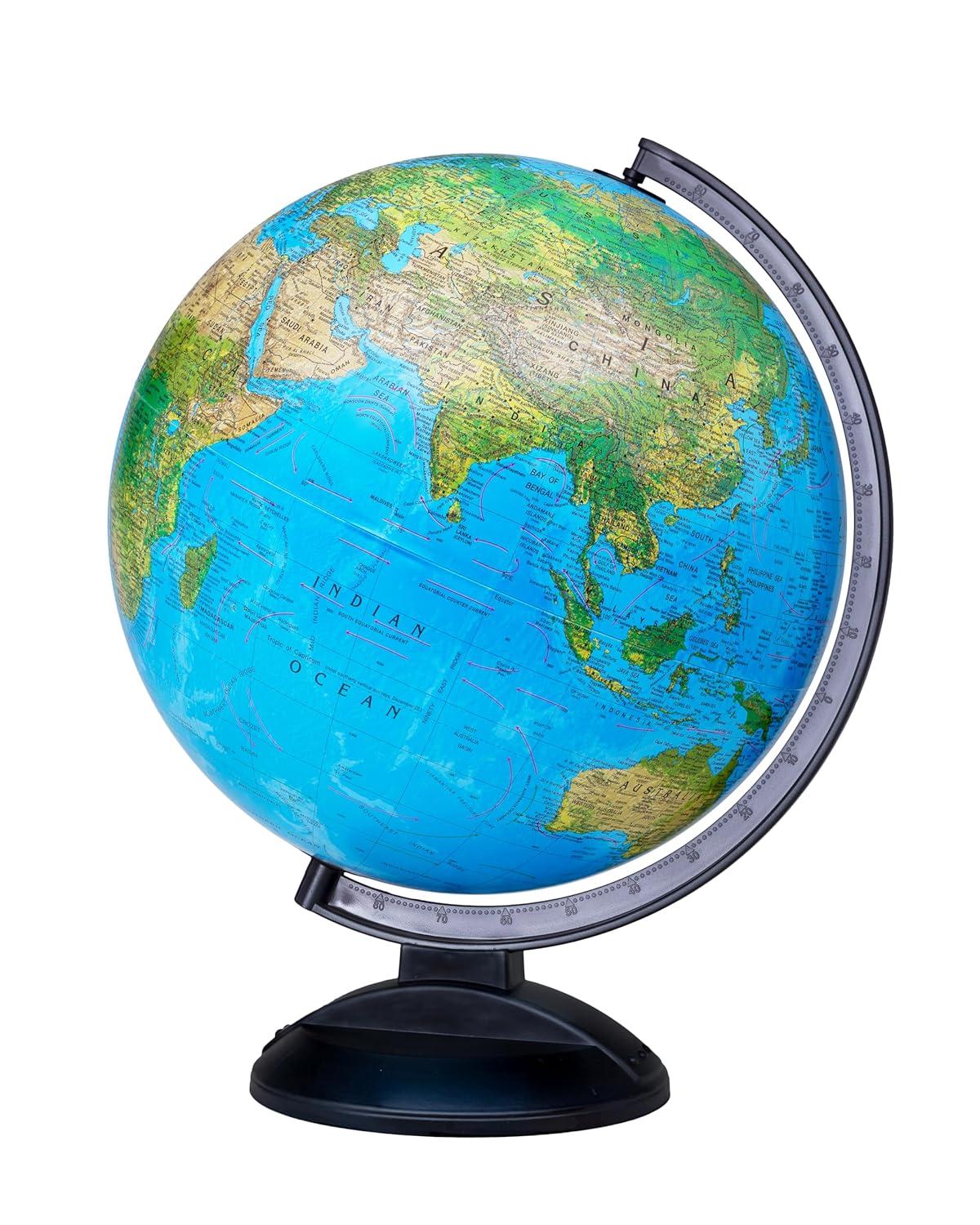 Replogle Ready to Assemble World 12" Diameter Globe, USA Cartography, Modern Acrylic Globe Stand and Blue Ocean Globe Ball. Easy to assemble globe that shows both Political and Vegetative information including political borders and provincial borders, major ocean currents, detailed lakes, rivers, tributaries and canals.